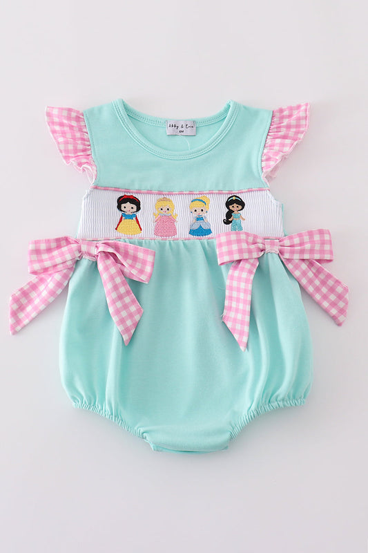 Blue Mint Princess Embroidery Gingham Bow Bubble Honeydew