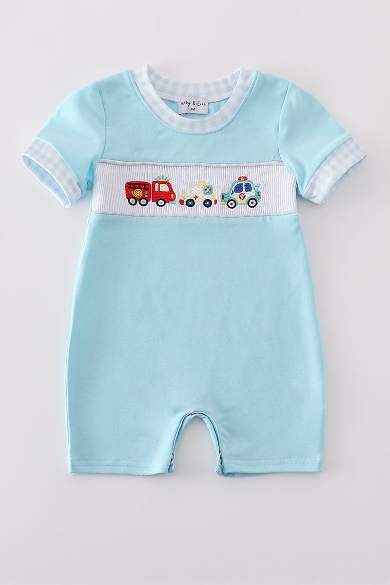 Blue Fire Truck Police Car Smocked Embroidery Boy Romper Honeydew