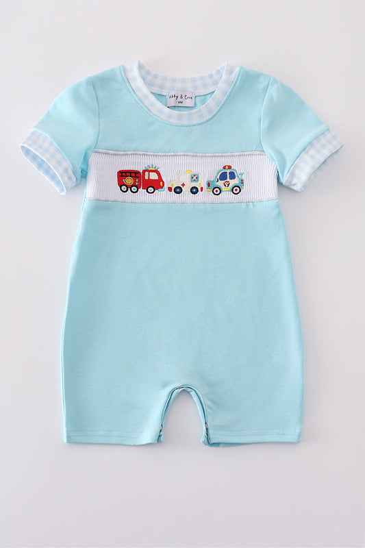 Blue Fire Truck Police Car Smocked Embroidery Boy Romper Honeydew