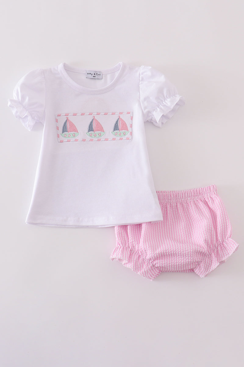 Pink Seersucker Sailboat Embroidery Girl Bloomer Set Honeydew