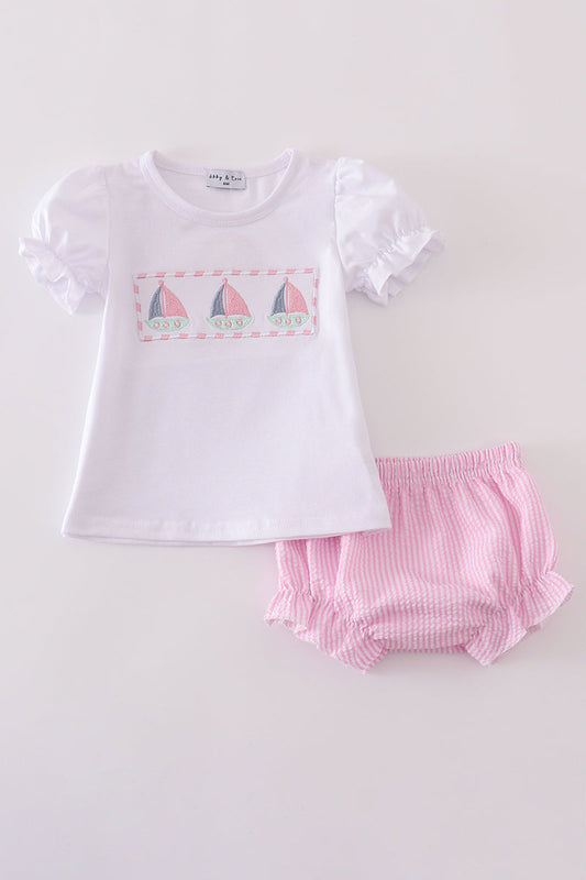 Pink Seersucker Sailboat Embroidery Girl Bloomer Set Honeydew