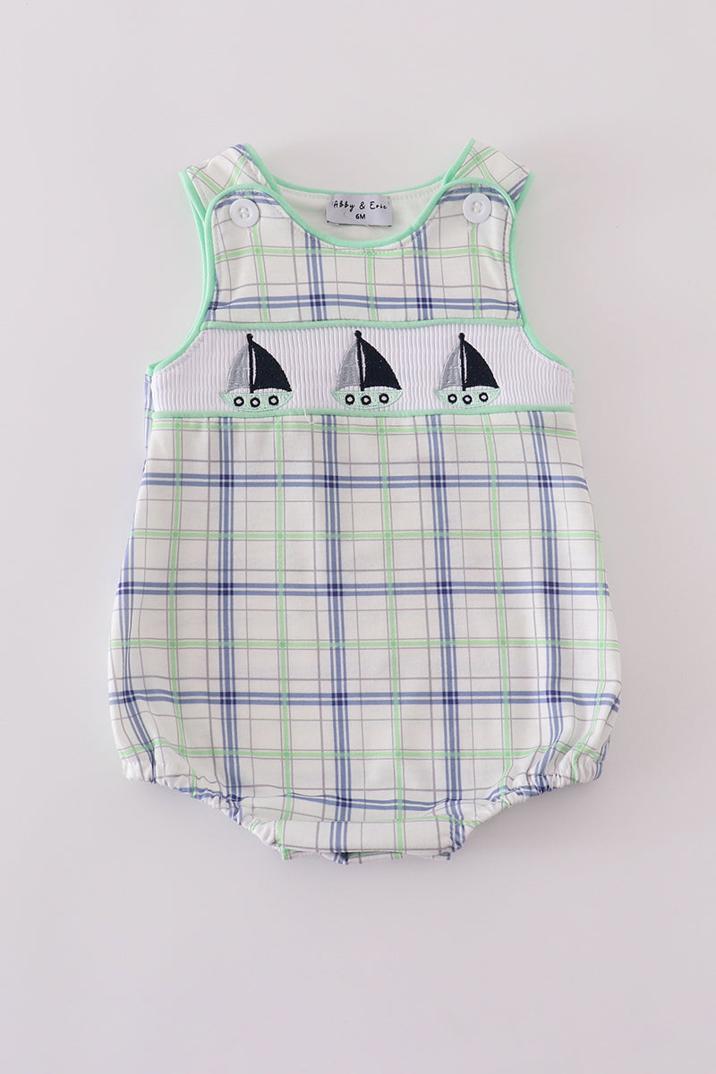 Green Plaid Sailboat Embroidery Boy Romper Honeydew