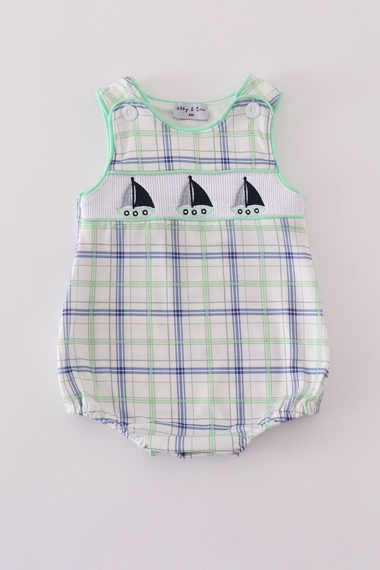 Green Plaid Sailboat Embroidery Boy Romper Honeydew