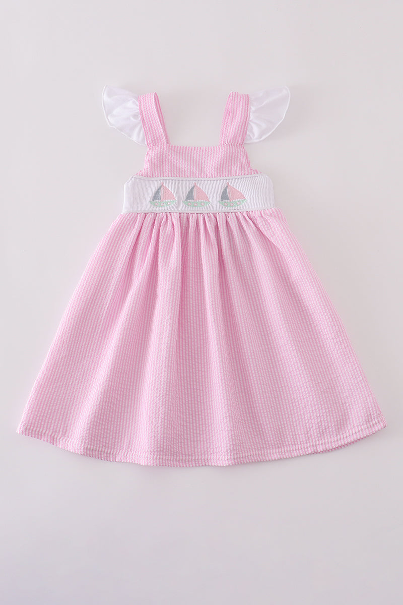 Pink Seersucker Sailboat Embroidery Girl Dress Honeydew