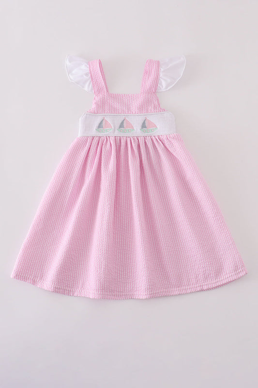 Pink Seersucker Sailboat Embroidery Girl Dress Honeydew