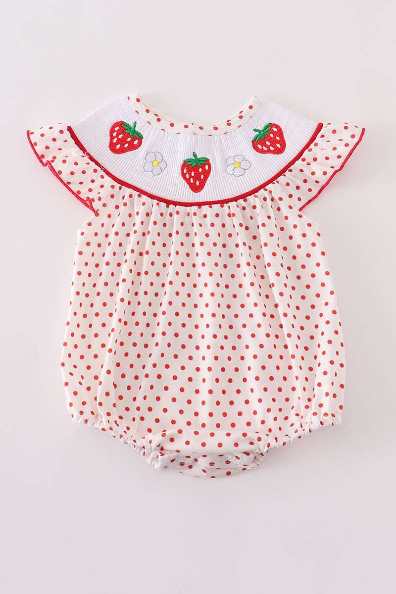 Red Dot Strawberry Smocked Girl Romper Honeydew
