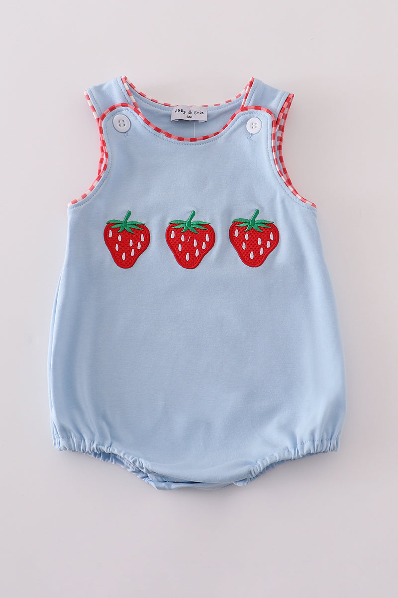 Blue Strawberry Embroidery Boy Bubble Honeydew