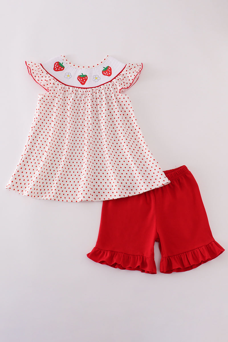 Red Dot Strawberry Smocked Girl Set Honeydew