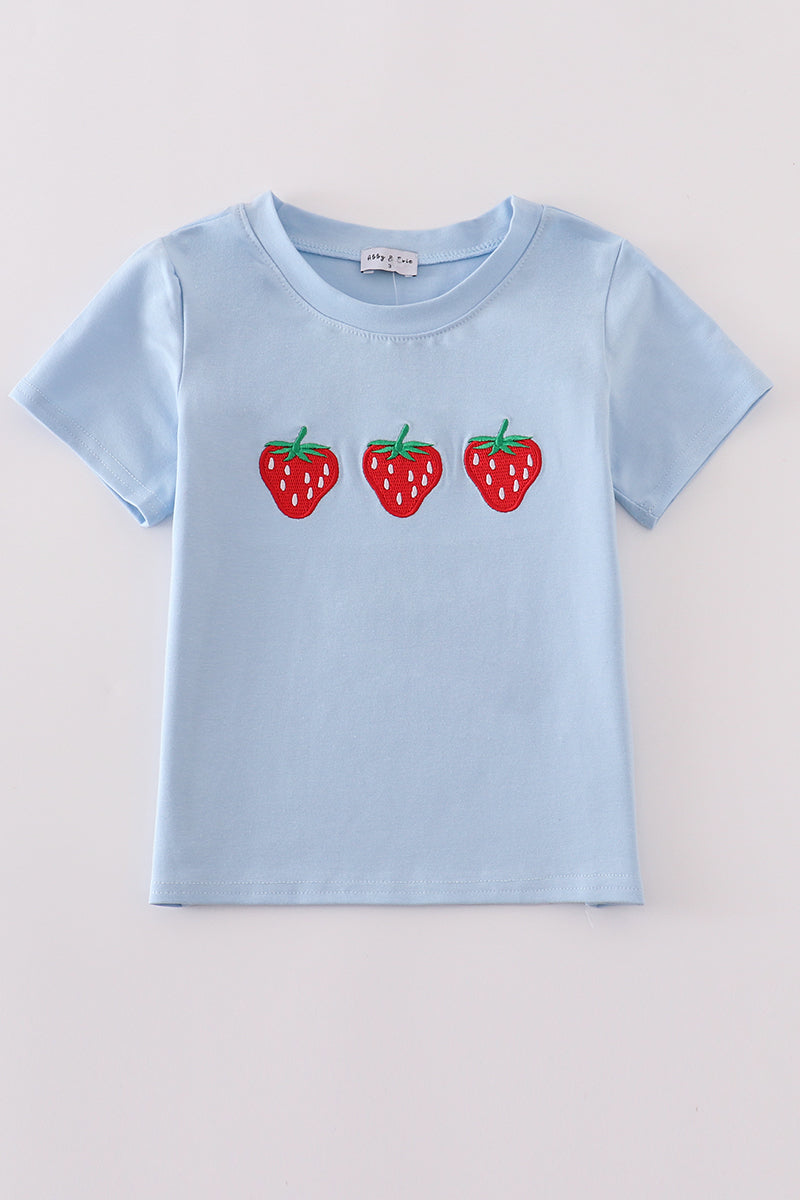 Blue Strawberry Embroidery Boy Top Honeydew