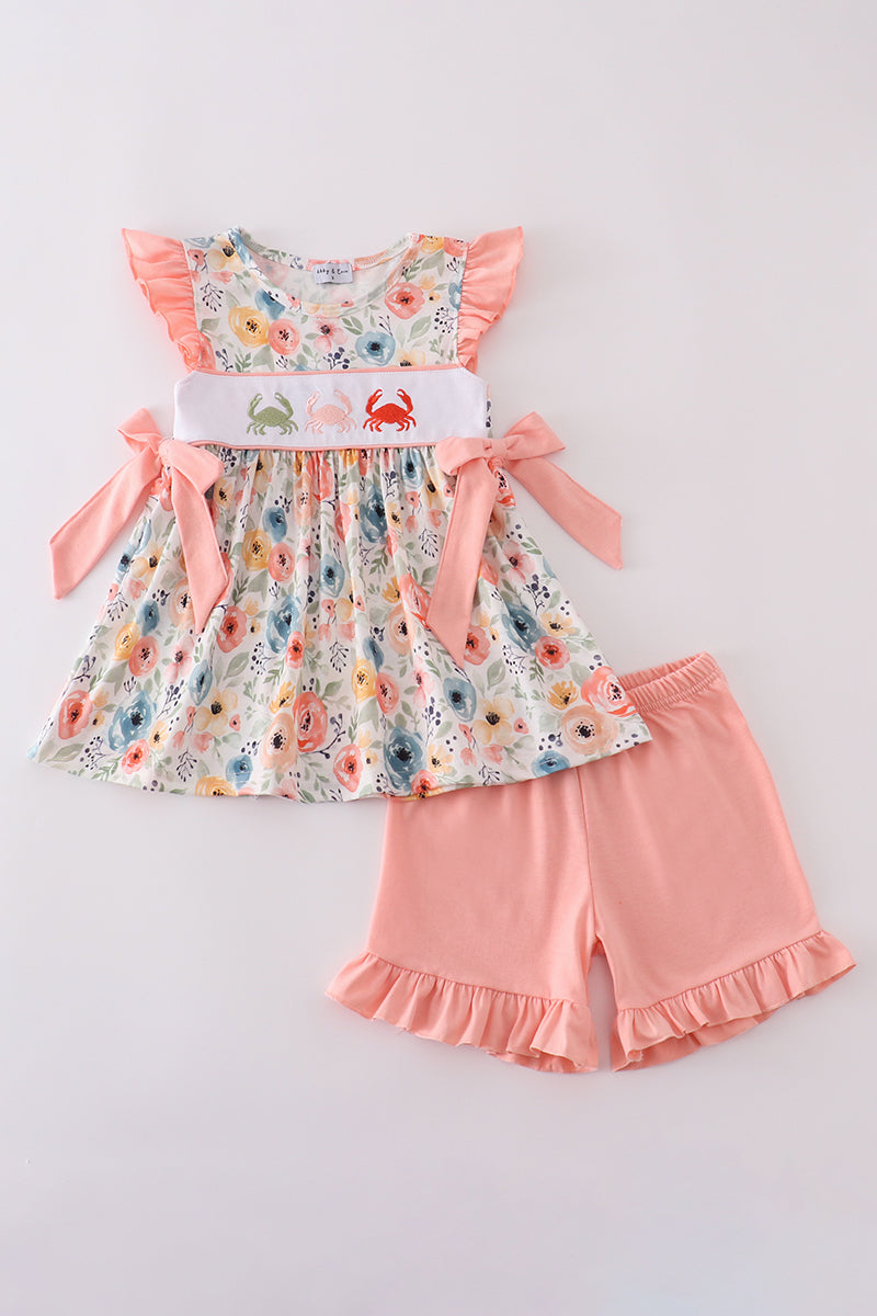 Floral coral crab girls short set Honeydew