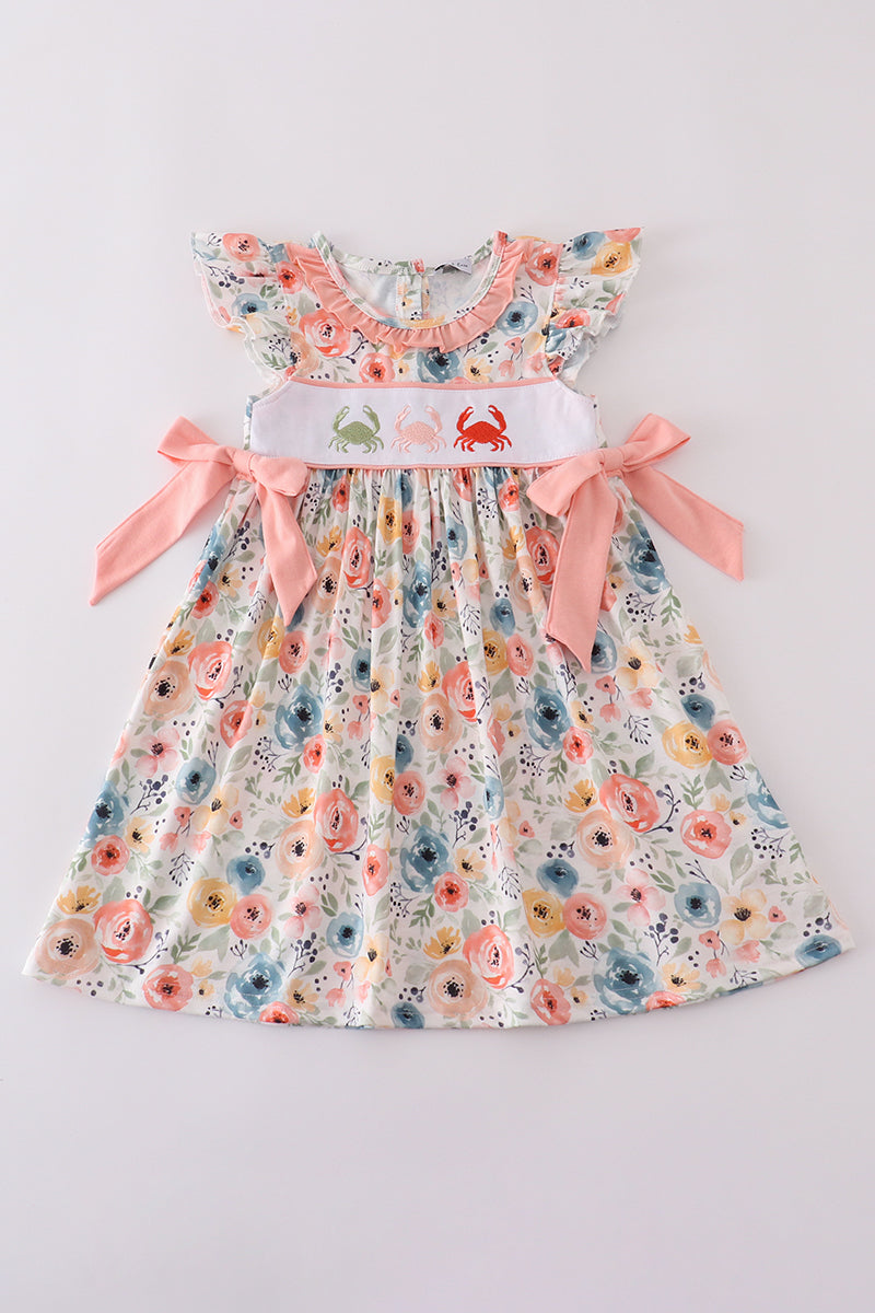 Floral coral crab girls dress Honeydew