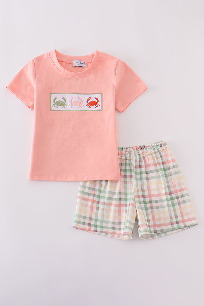 Plaid coral crab boy short set Honeydew
