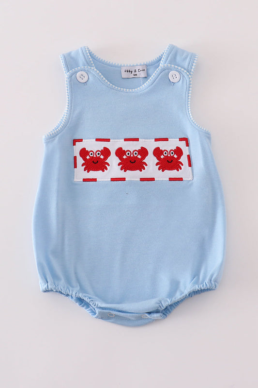 Blue Crab Embroidery Boy Romper Honeydew