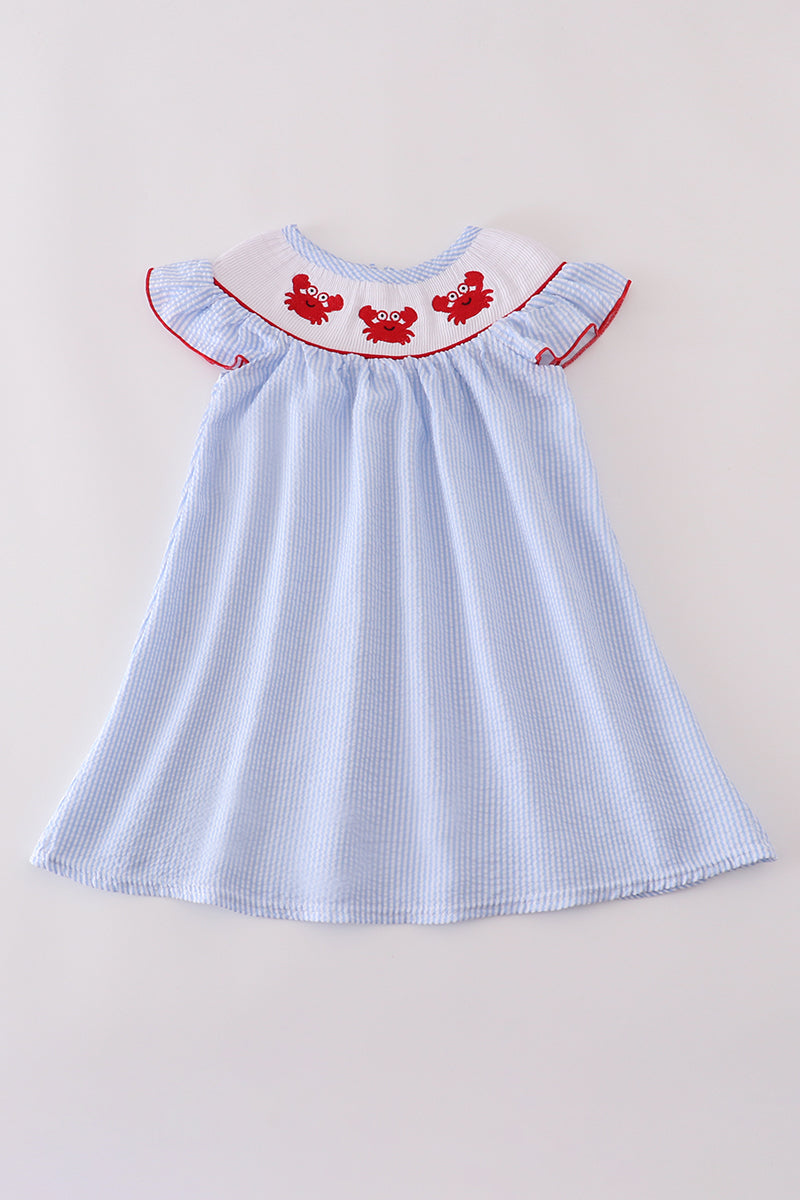 Blue Seersucker Crab Embroidery Girl Dress Honeydew