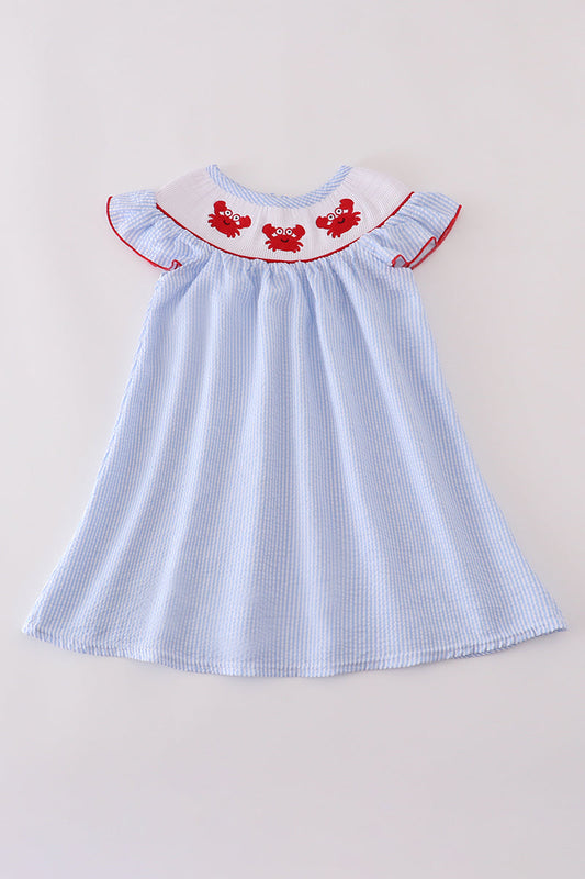 Blue Seersucker Crab Embroidery Girl Dress Honeydew