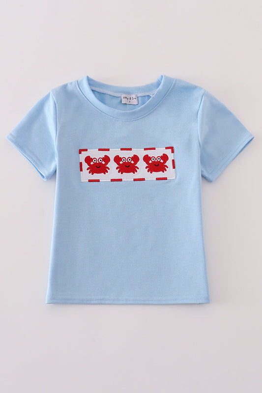 Blue Crab Embroidery Boy Shirt Honeydew