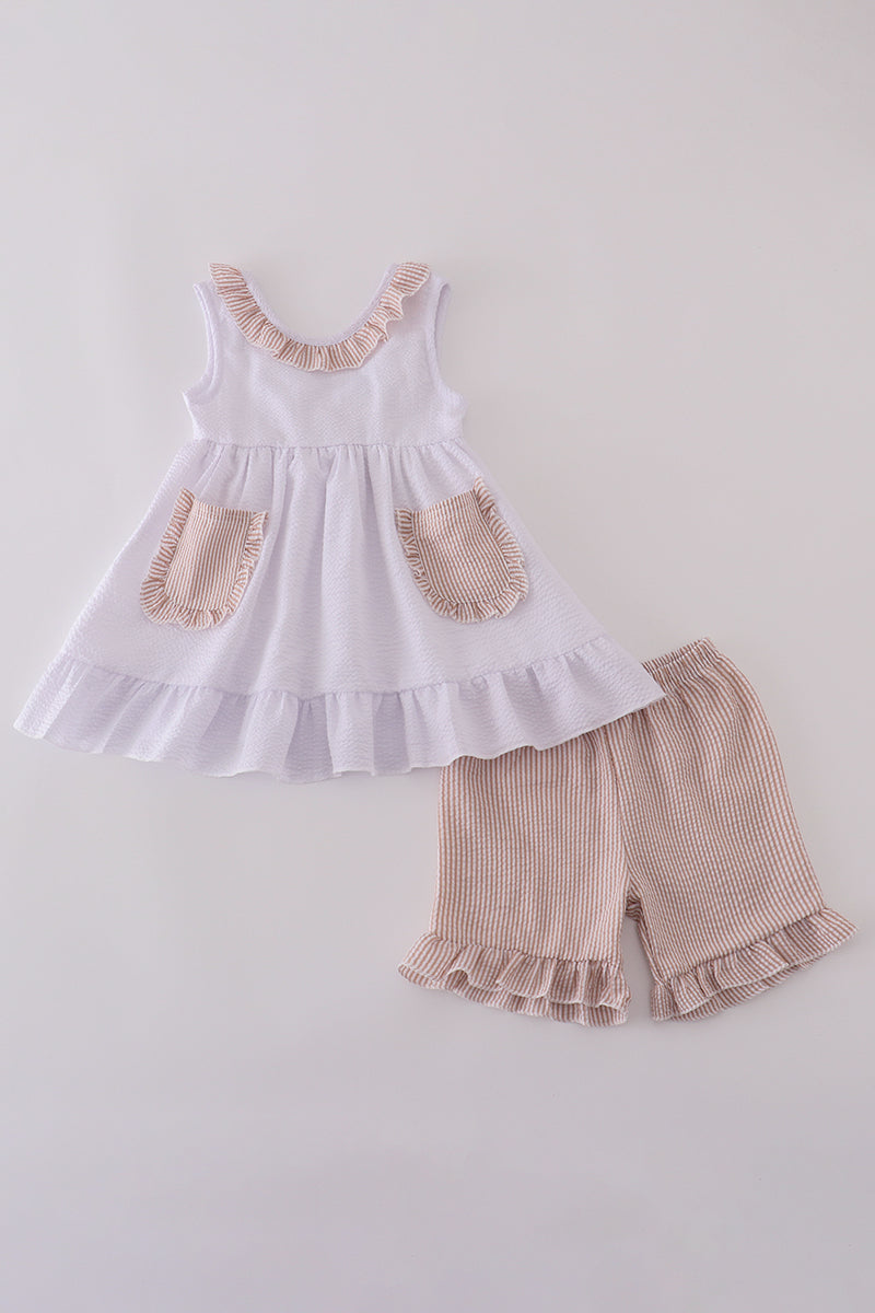 Brown White Seersucker Ruffle Shorts Set Honeydew