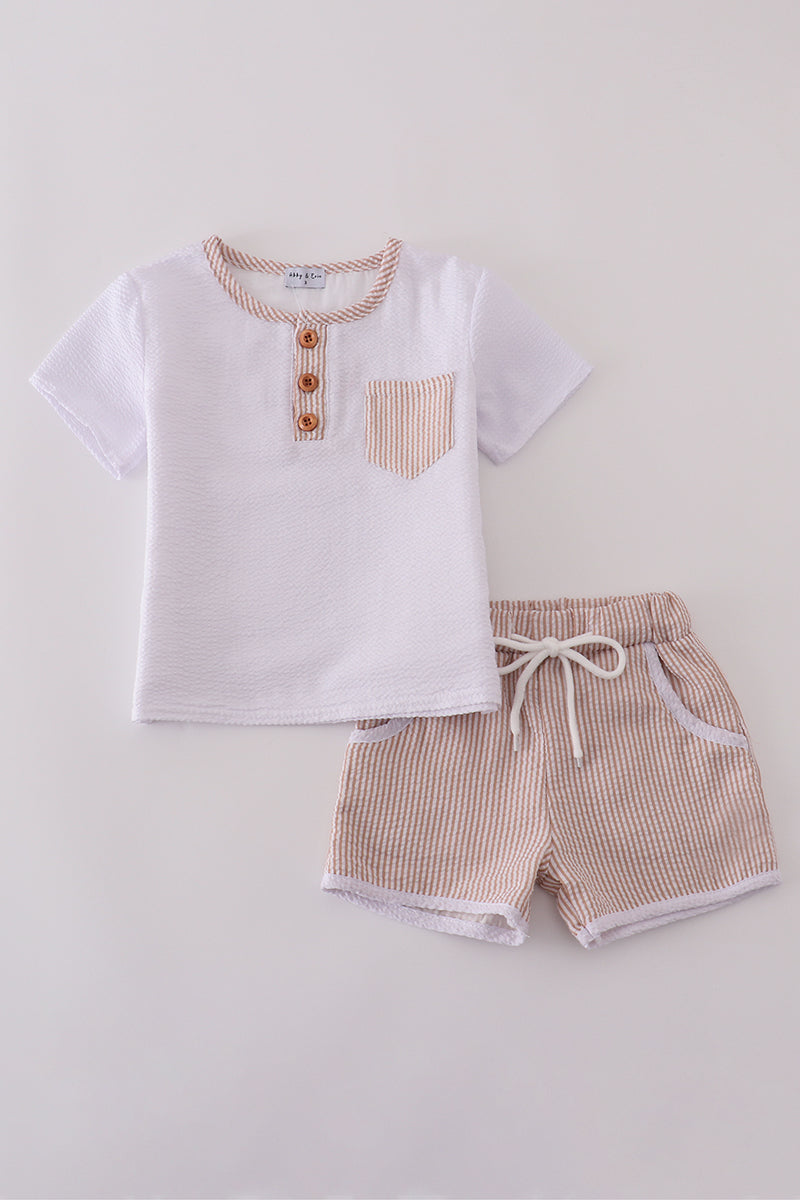 Brown White Seersucker Boys Shorts Set Honeydew