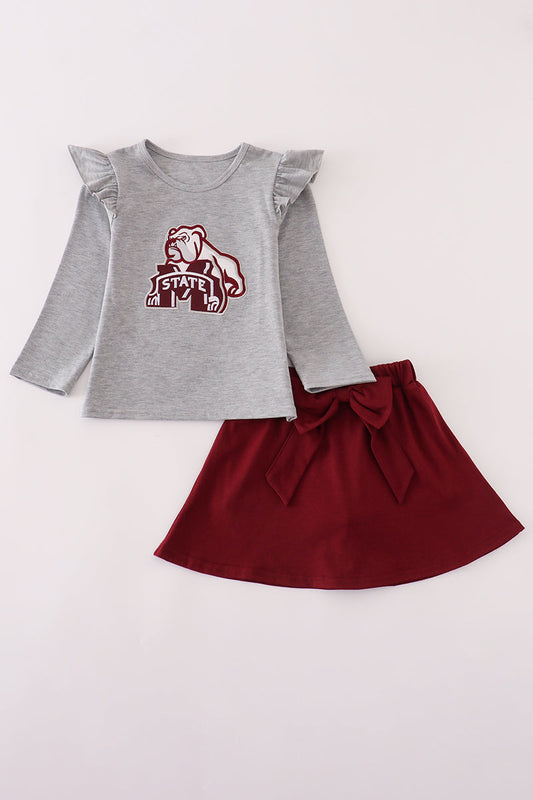 Maroon Mississippi Bow Embroidery Skorts Set Honeydew