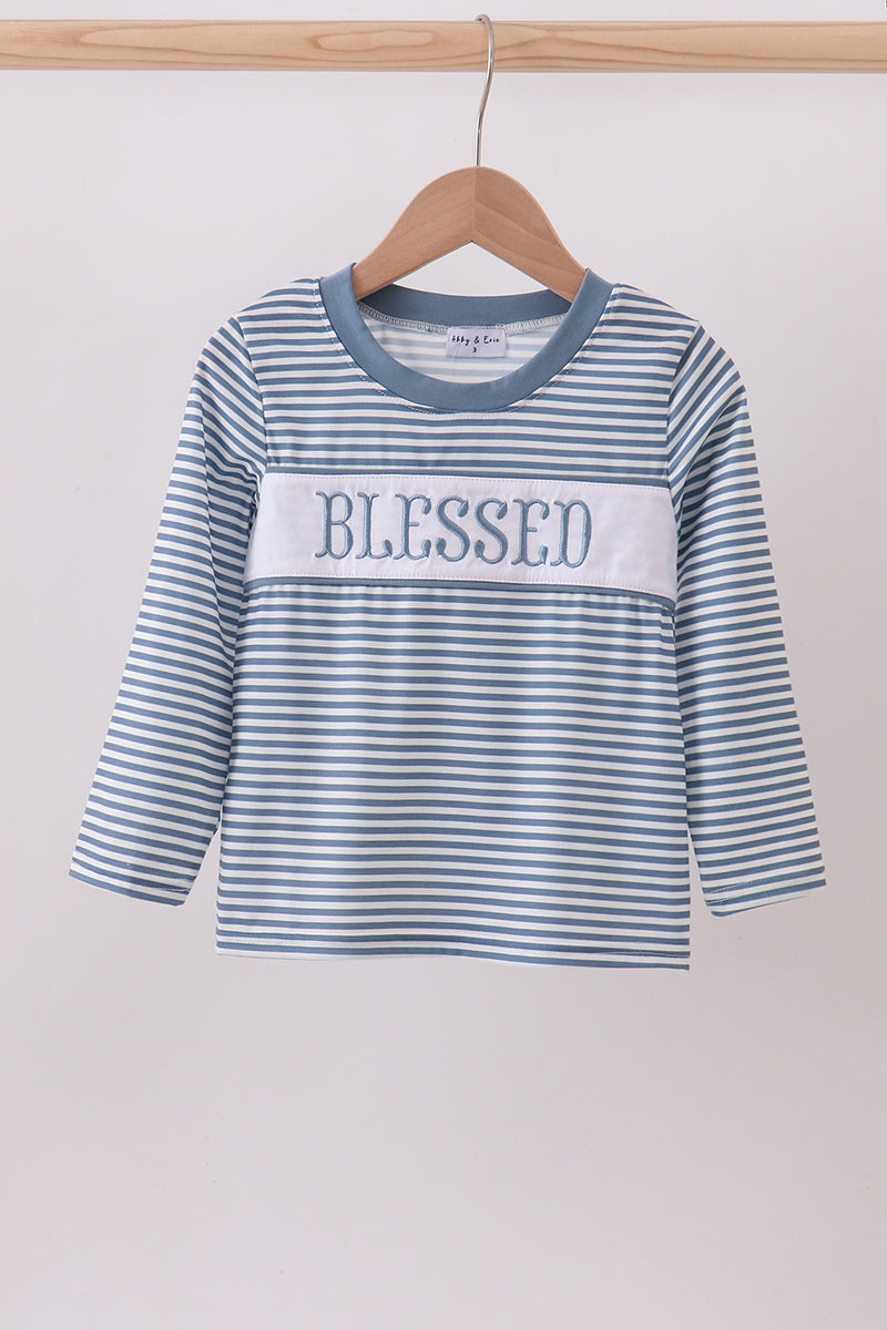 Blue Striped Blessed Embroidery Boys Top Honeydew