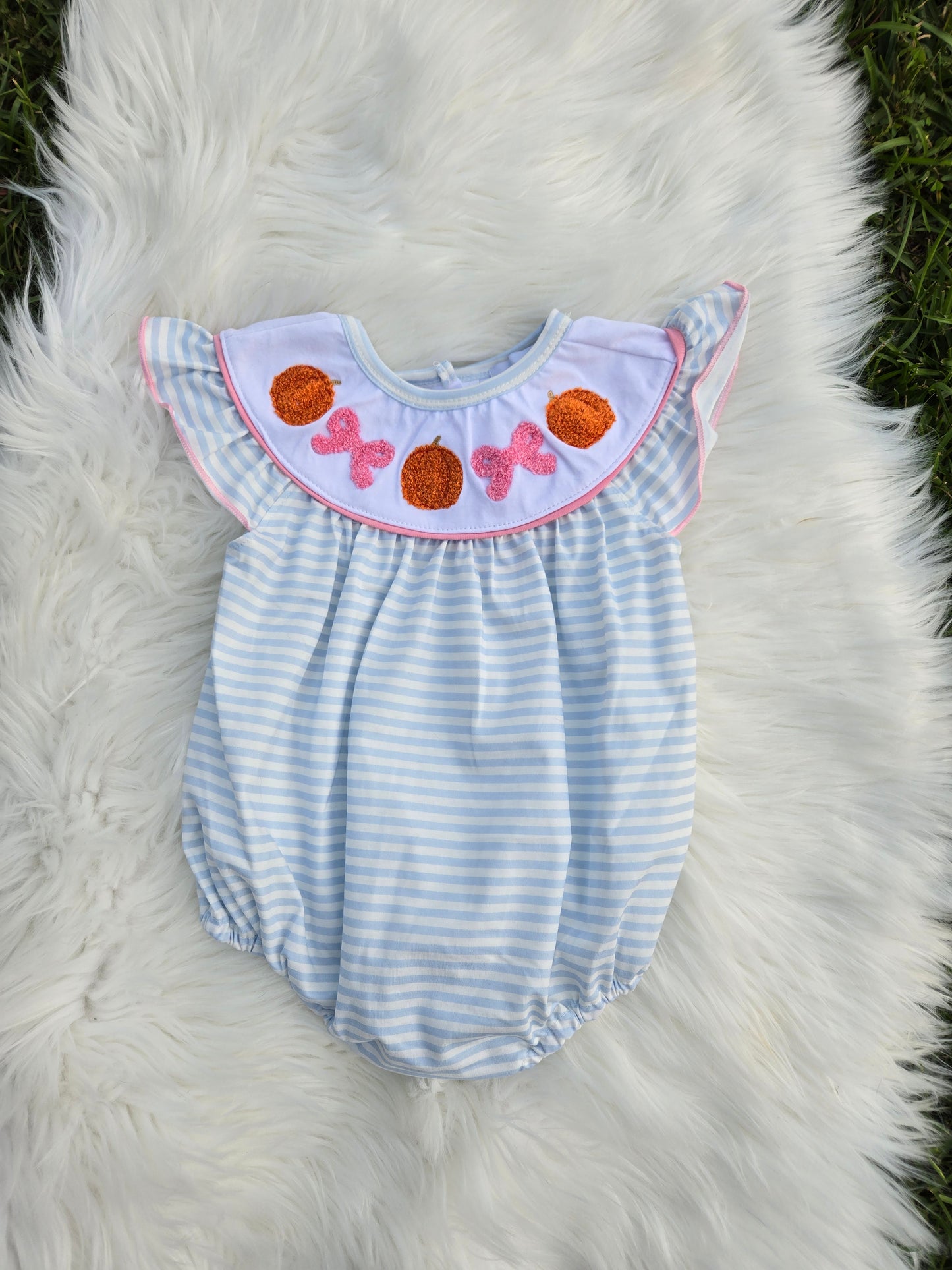 Blue Striped Orange French Knot Pumpkin Girl Romper Honeydew