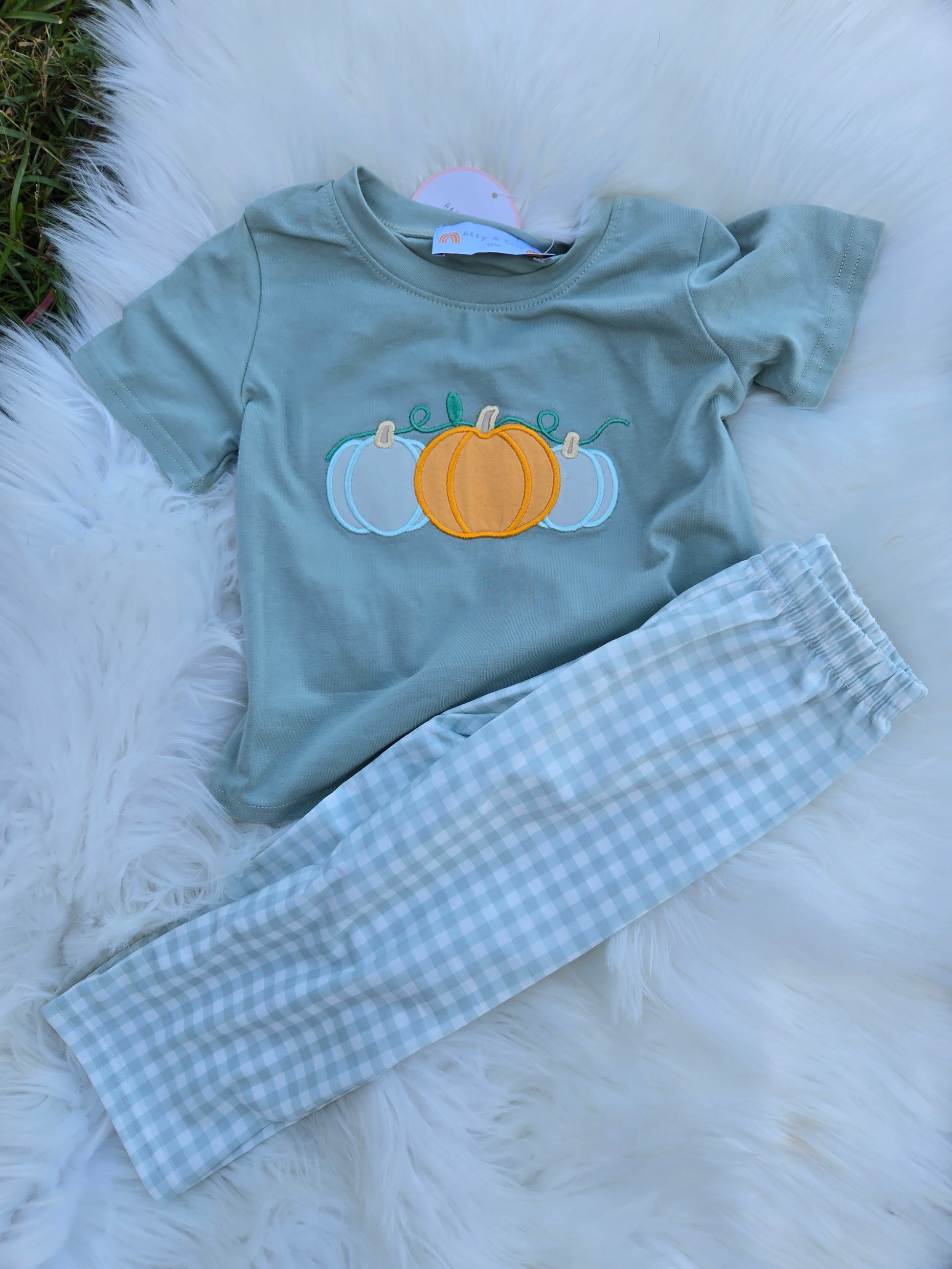 Green Embroidery Pumpkin Boy 2 PC Pants Set Honeydew