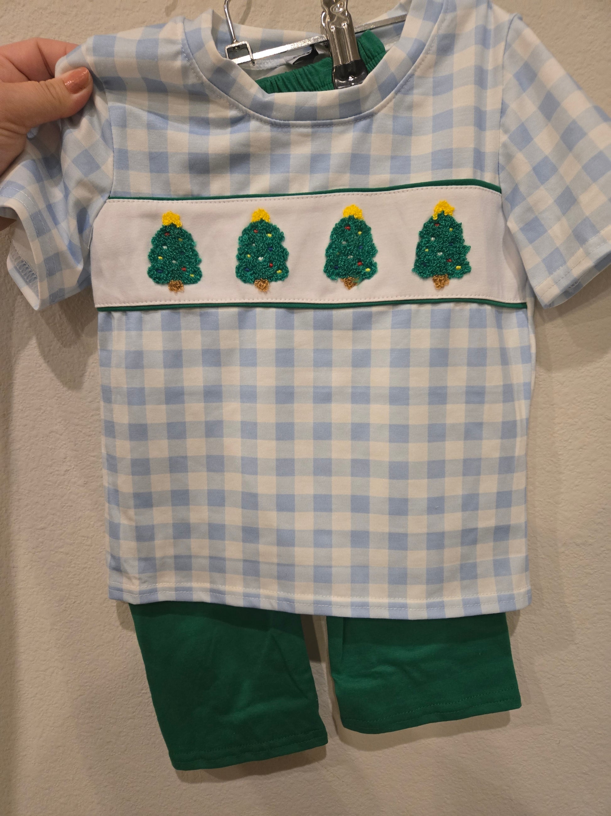 Green Christmas Tree French Knot Boy Set Honeydew