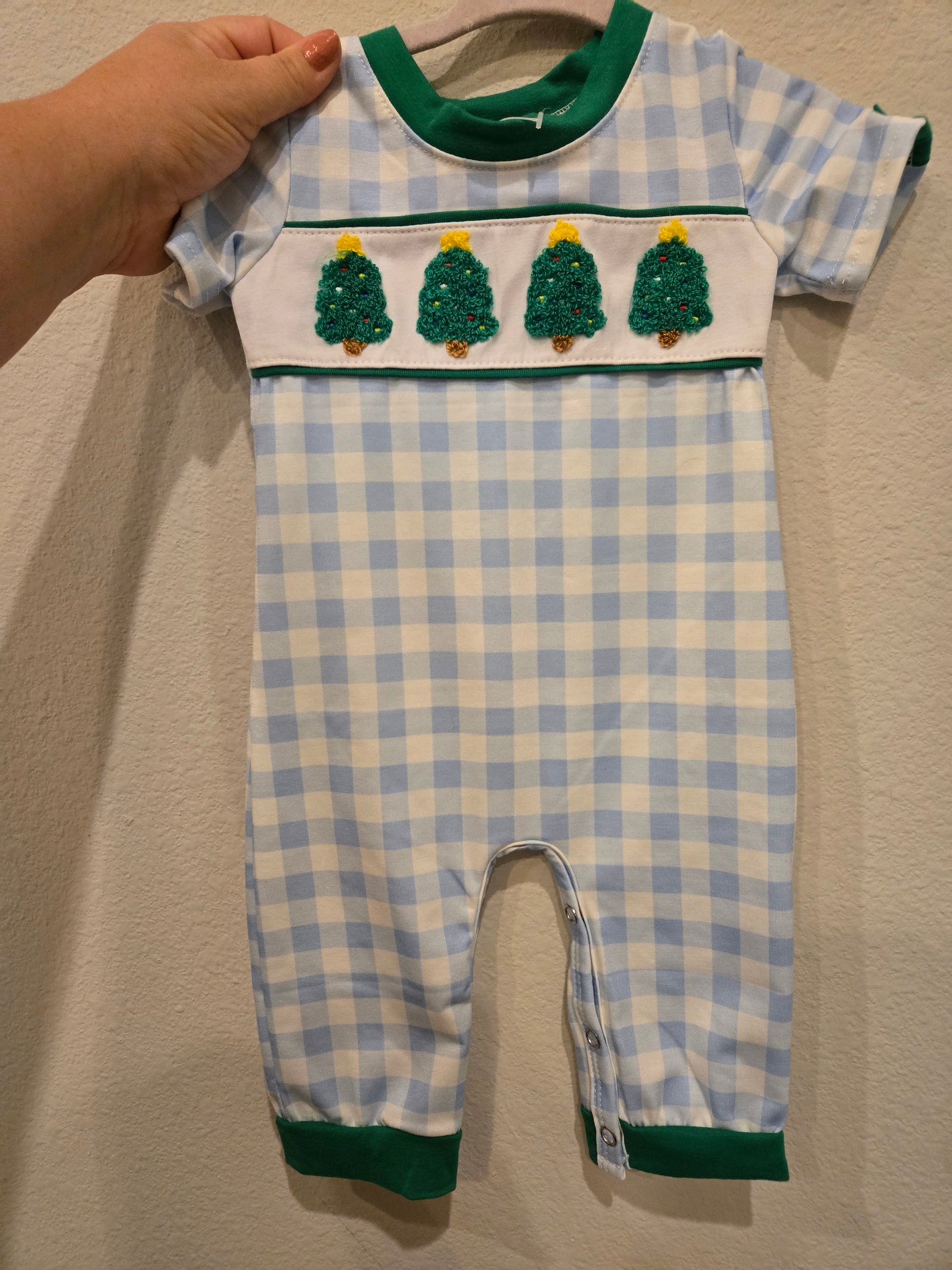 Green Christmas Tree Embroidery Boy Romper Honeydew