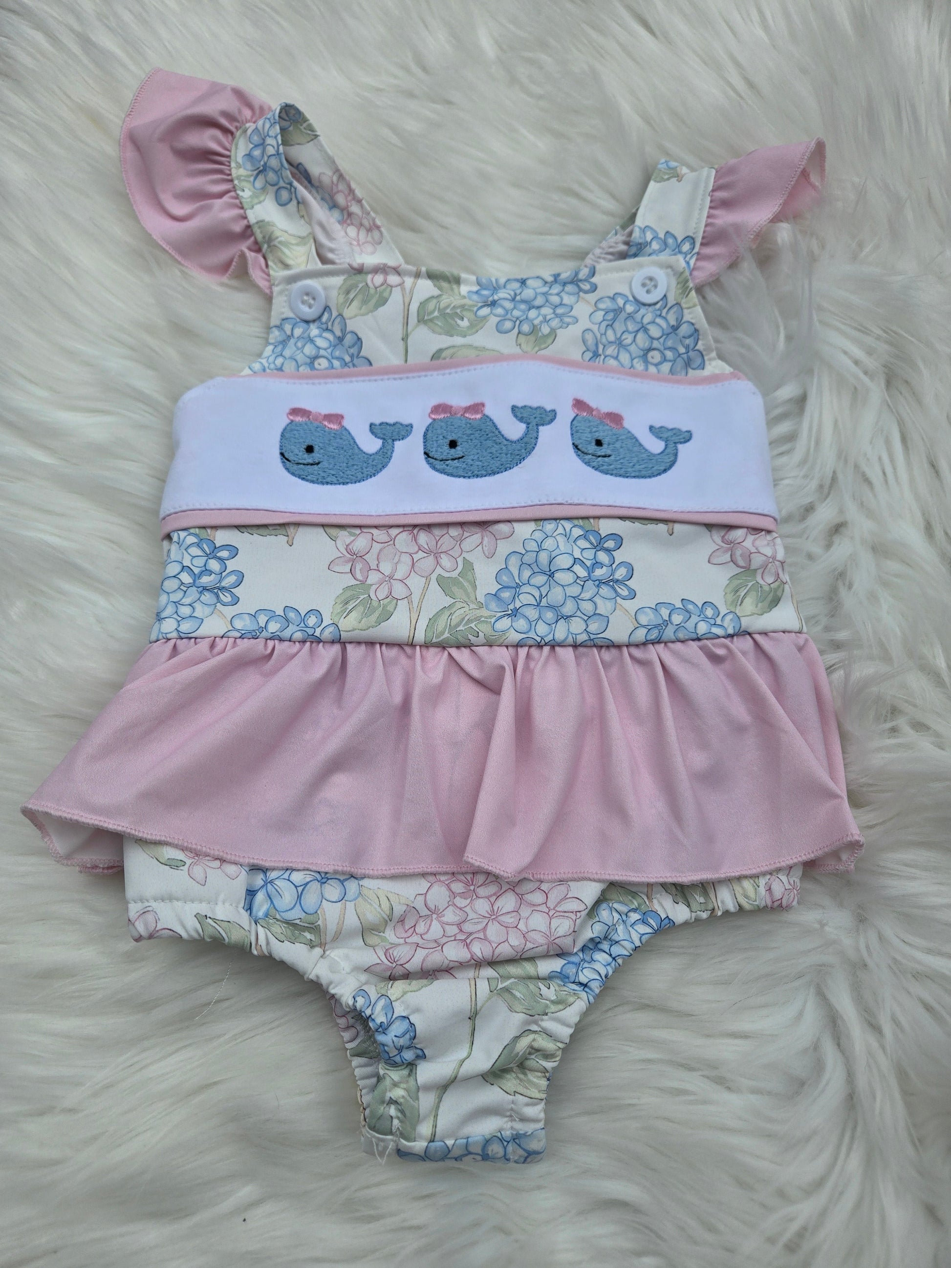 Pink Blossom Serenity Whale Embroidery Girl Swimsuit Honeydew