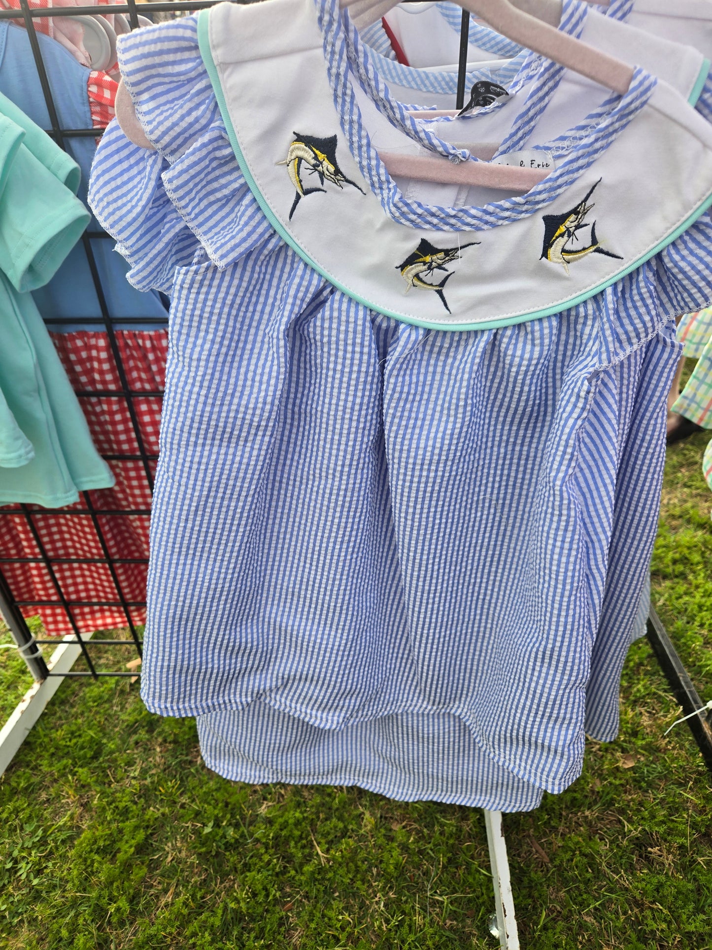 Blue Stripe Seersucker Embroidery Dress Honeydew