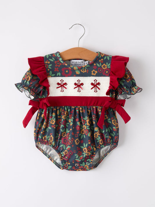Vintage Floral Smocked Church Bishop Girl Romper Rylee Faith