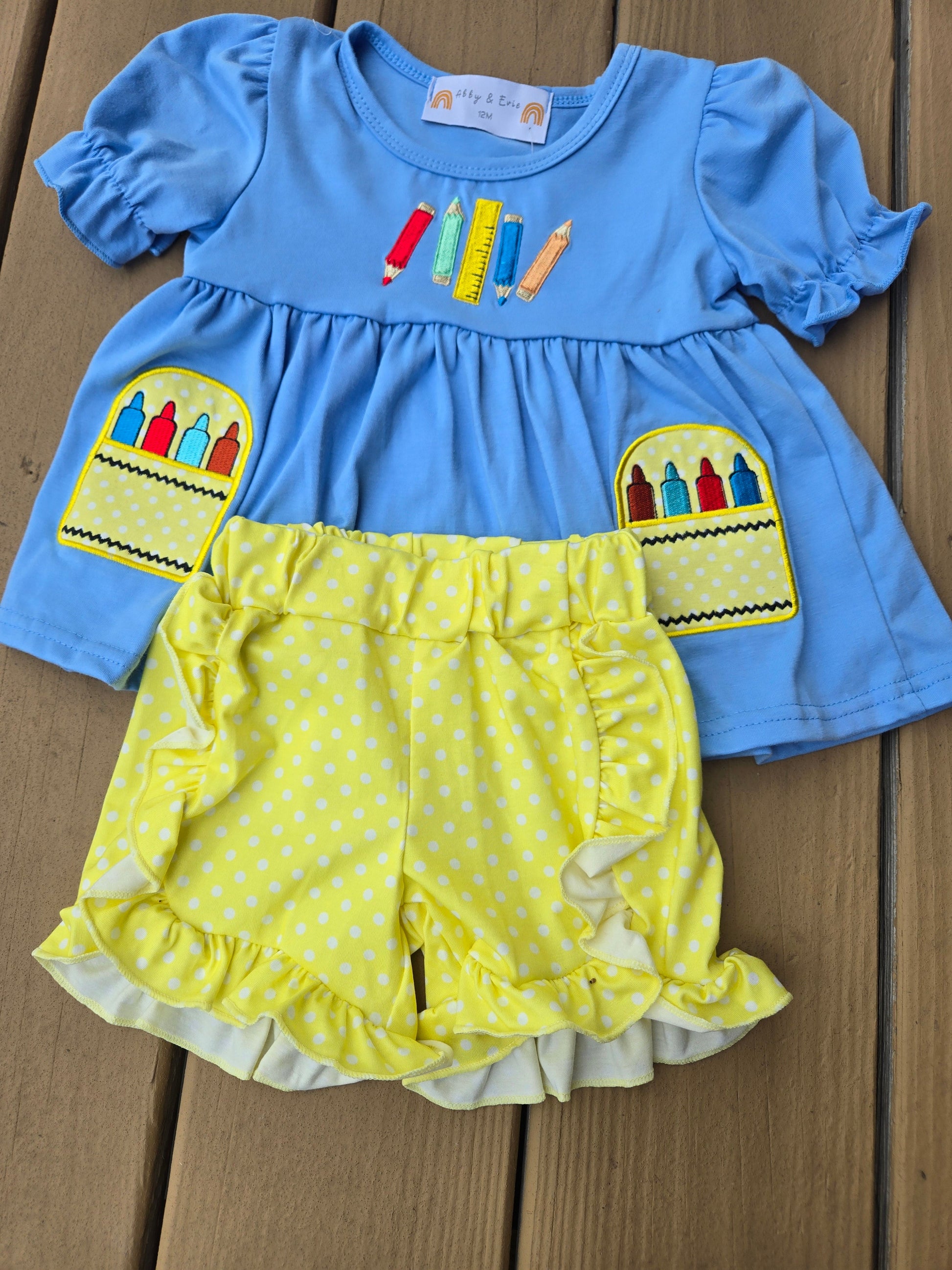 Blue Crayon Embroidery Short Sleeve 2 Pc Girl Set Honeydew