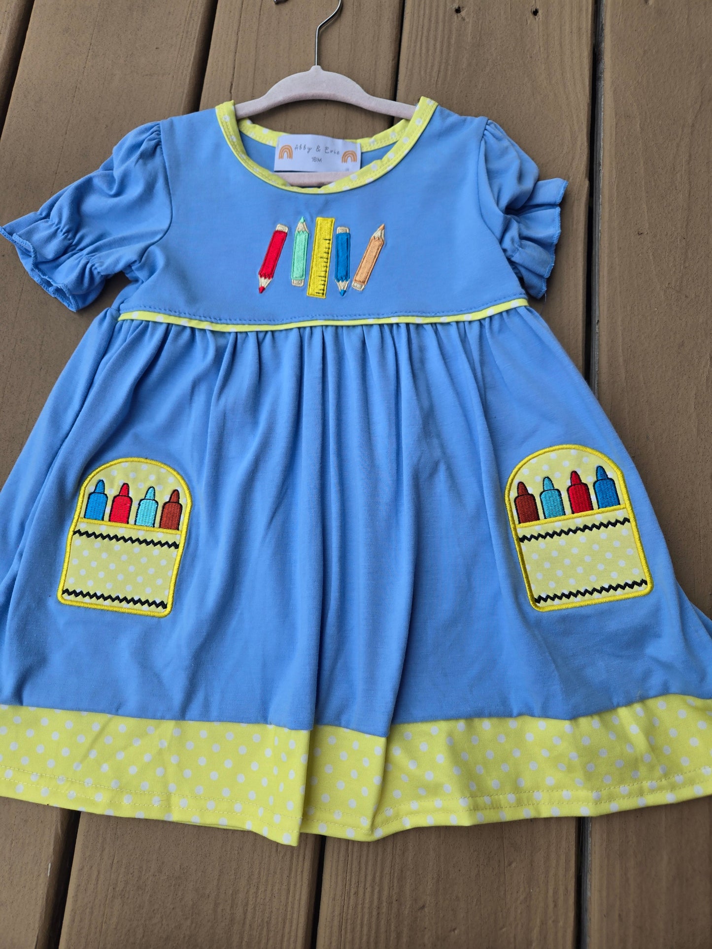 Blue Crayon Embroidery Short Sleeve Dress Honeydew