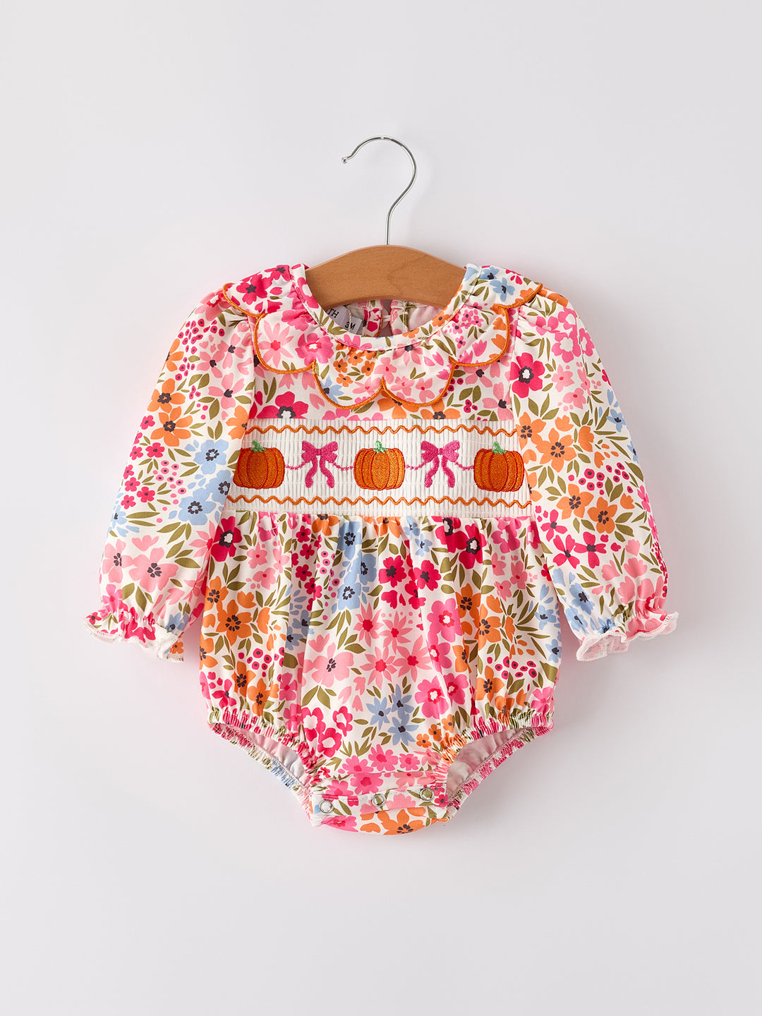 Fall Halloween & Thanksgiving Pumpkin Bow Smock Embroidered Floral Bubble Rylee Faith