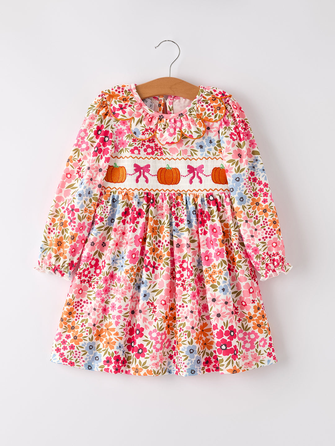 Fall Halloween & Thanksgiving Pumpkin Bow Smock Embroidered Floral Dress Rylee Faith