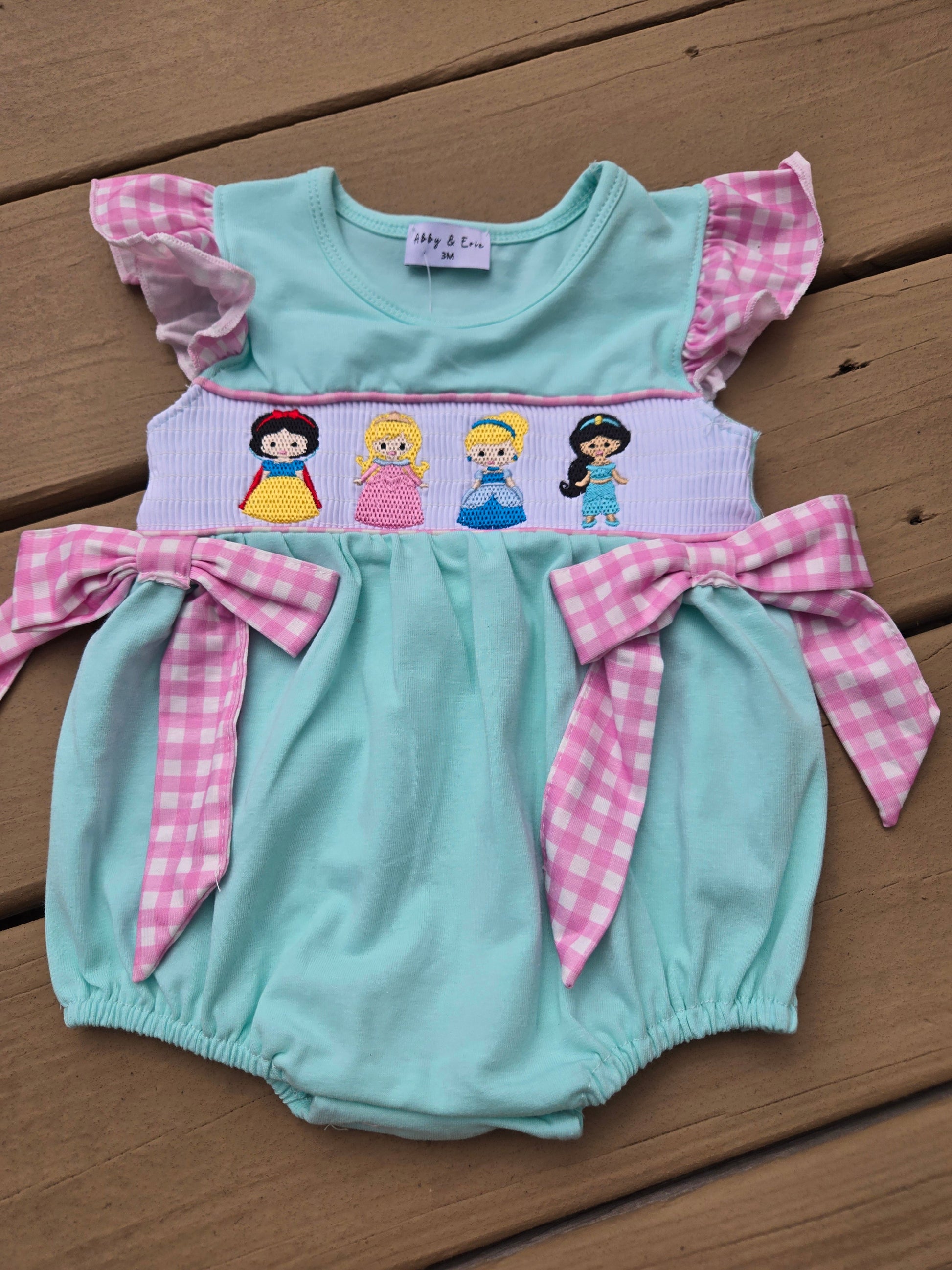 Blue Mint Princess Embroidery Gingham Bow Bubble Honeydew