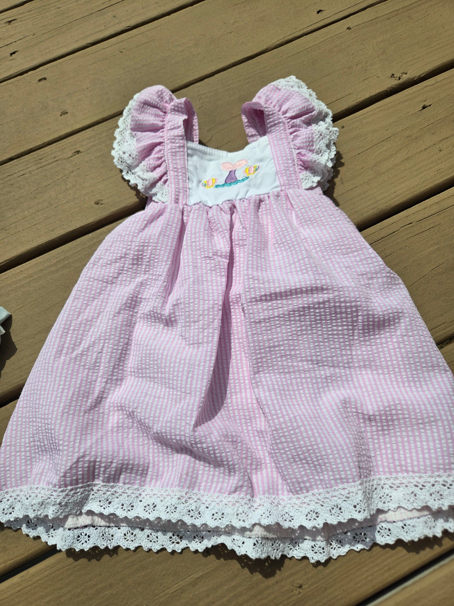 Pink Seersucker Mermaid Embroidery Ruffle Dress Honeydew