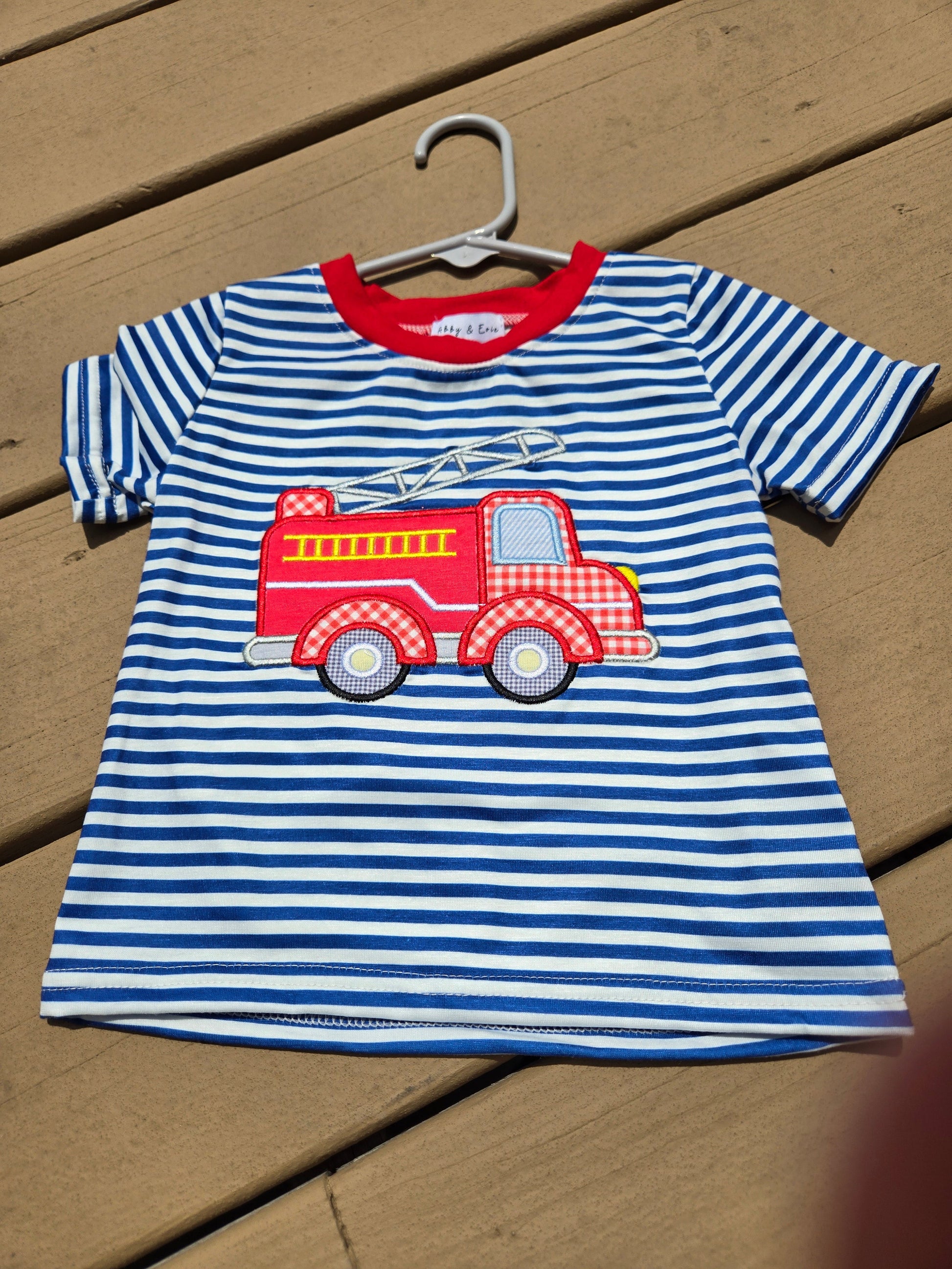 Blue Stripe Fire Truck Applique Boy Top Honeydew