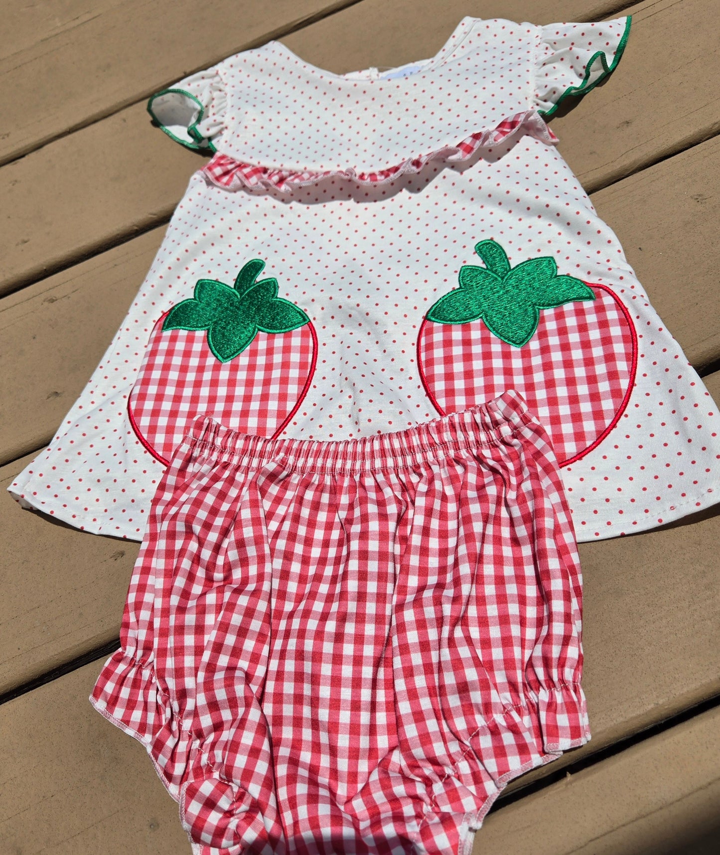 Red Dot Strawberry Embroidery Girl Bloomer Set Honeydew