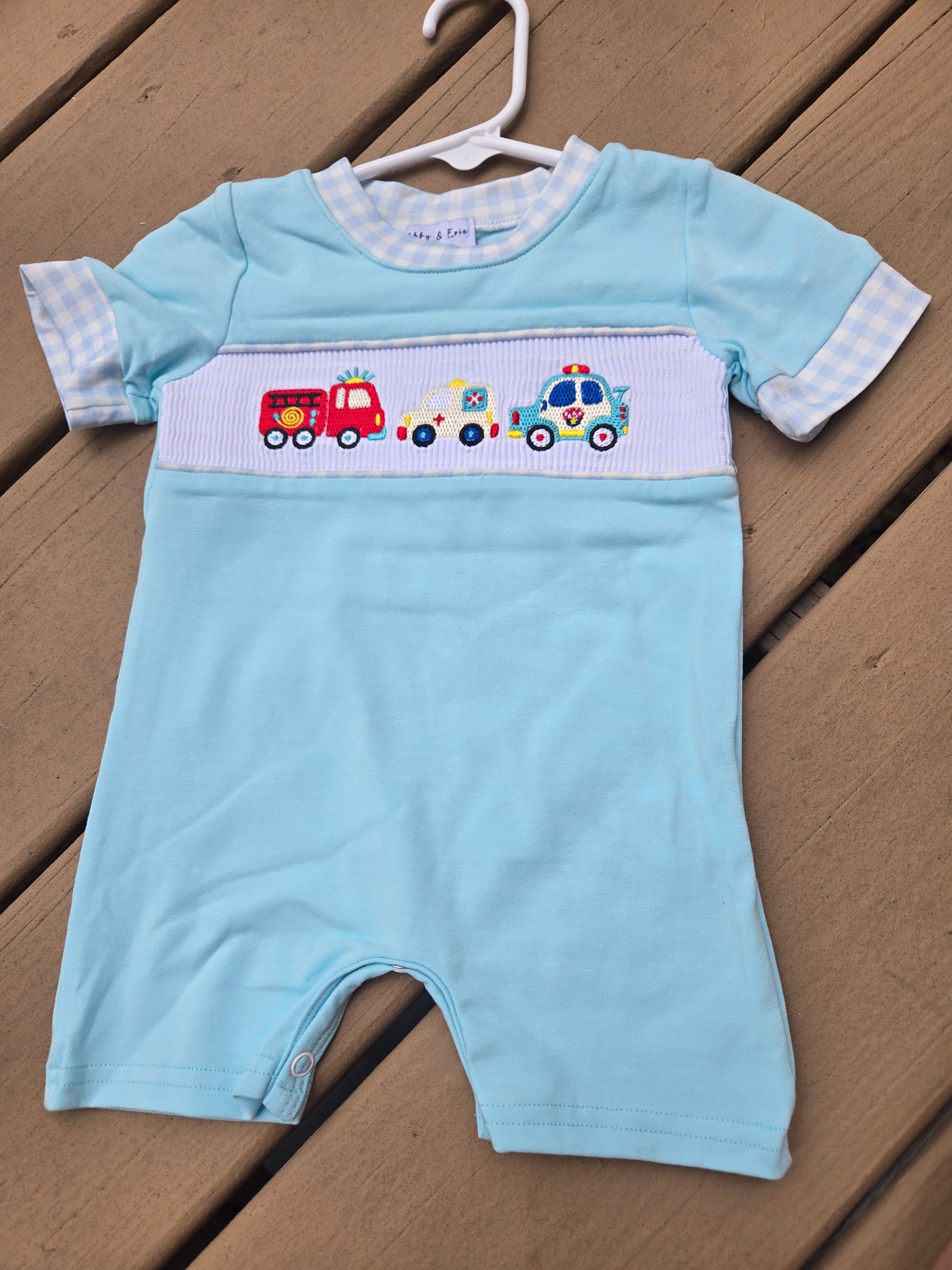 Blue Fire Truck Police Car Smocked Embroidery Boy Romper Honeydew