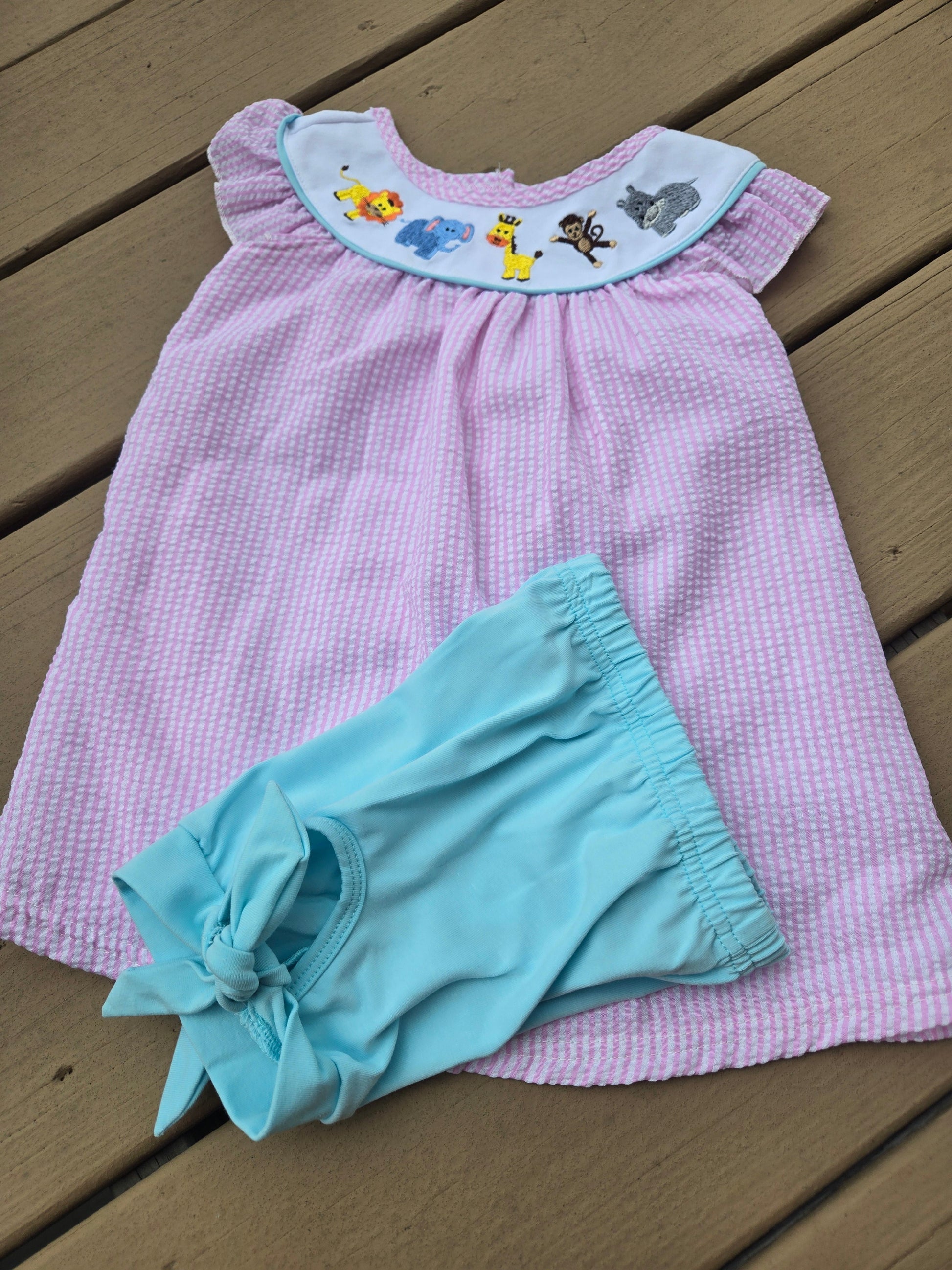 Pink Seersucker Animal Embroidery 2 Pc Short Set Honeydew