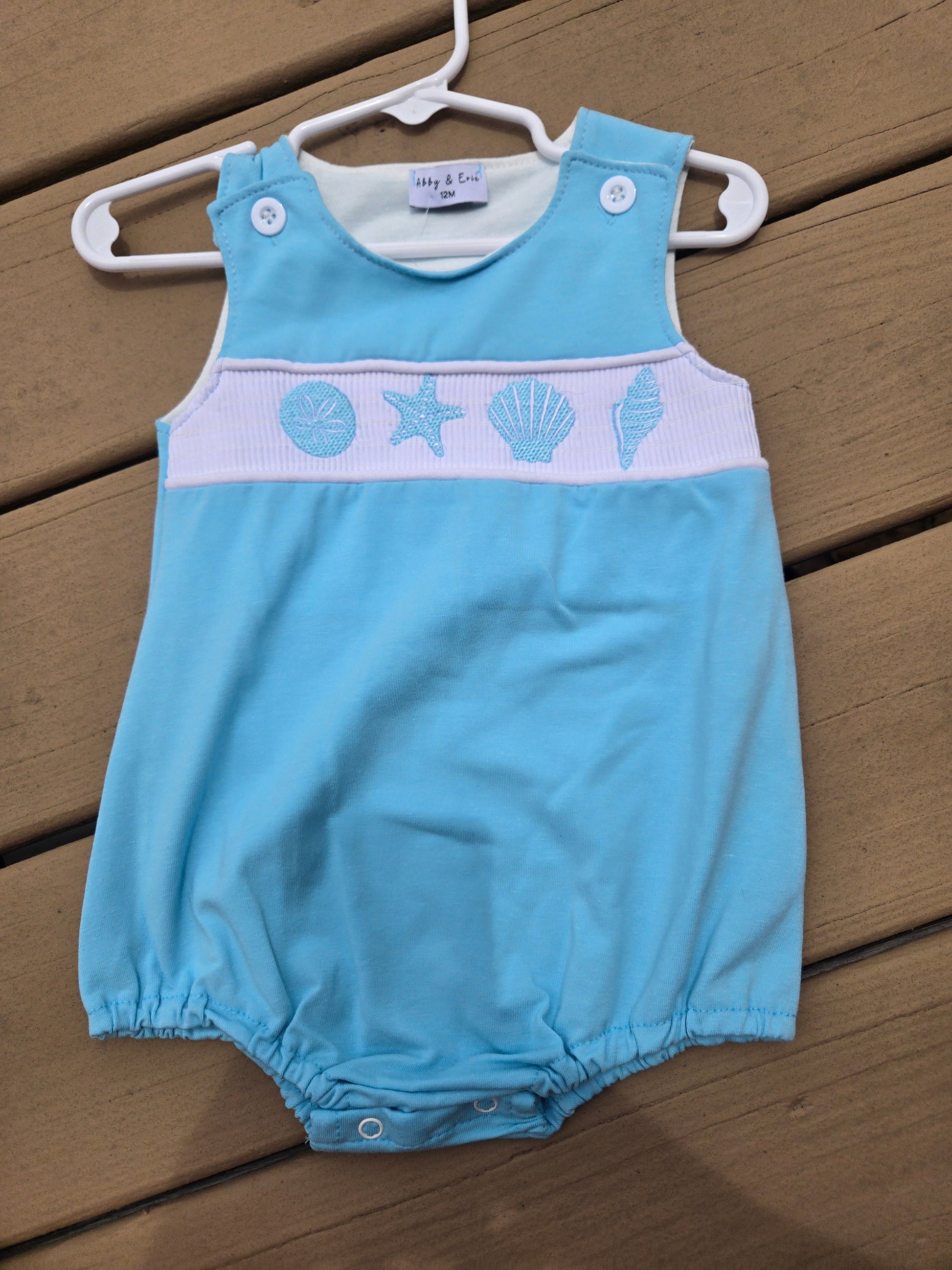 White Starfish Embroidery Smocked Boy Bubble Honeydew