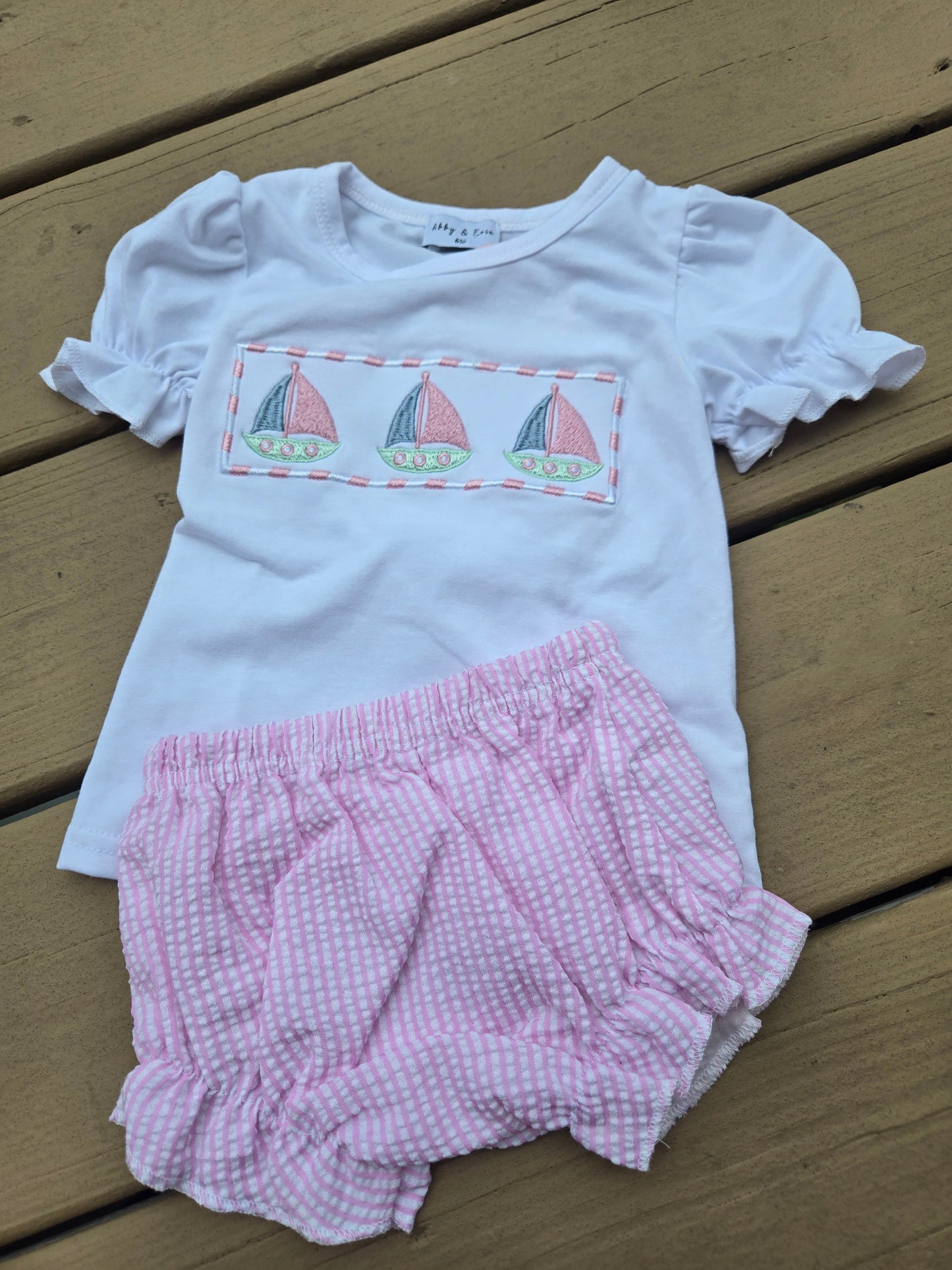 Pink Seersucker Sailboat Embroidery Girl Bloomer Set Honeydew