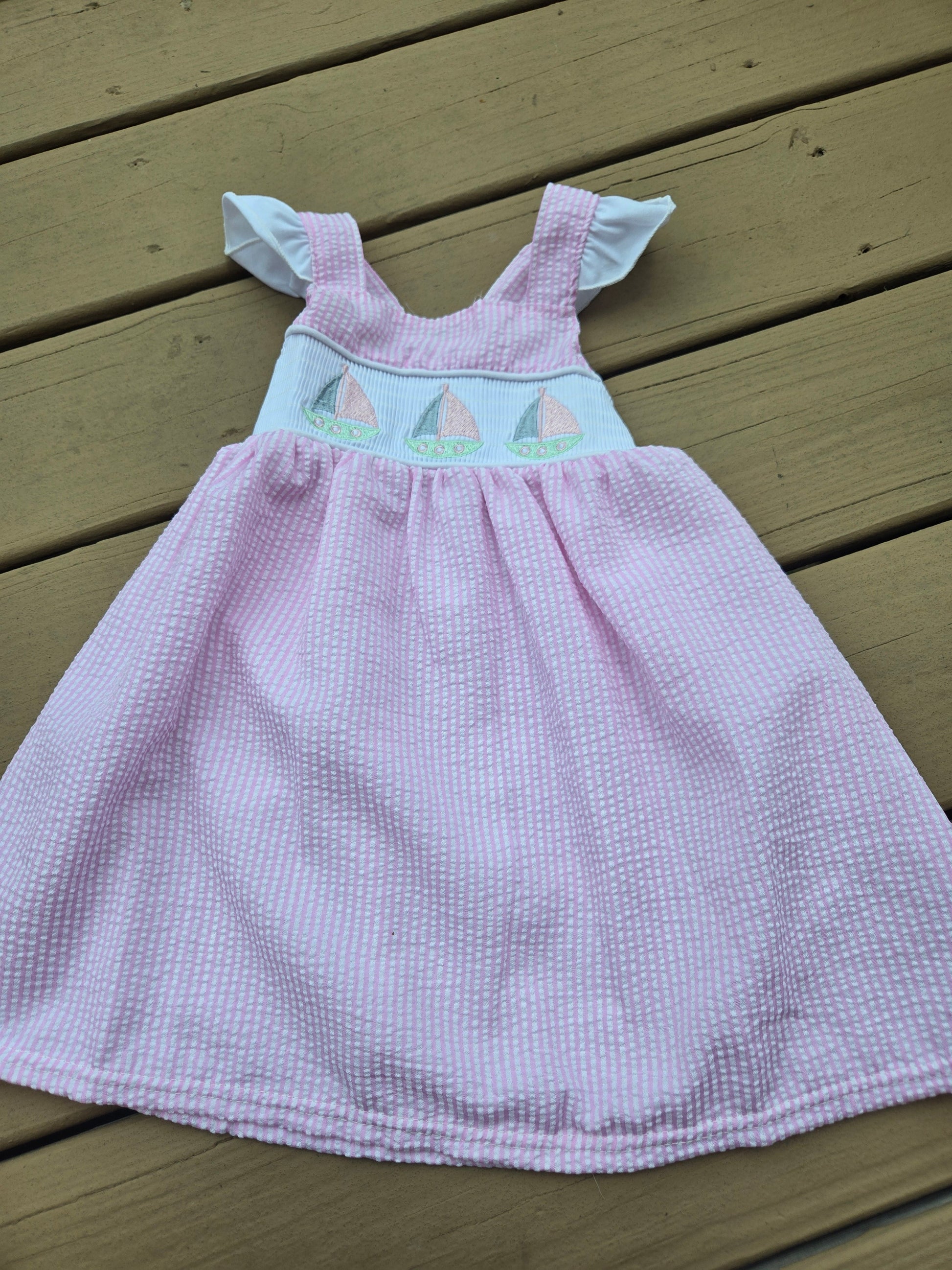 Pink Seersucker Sailboat Embroidery Girl Dress Honeydew