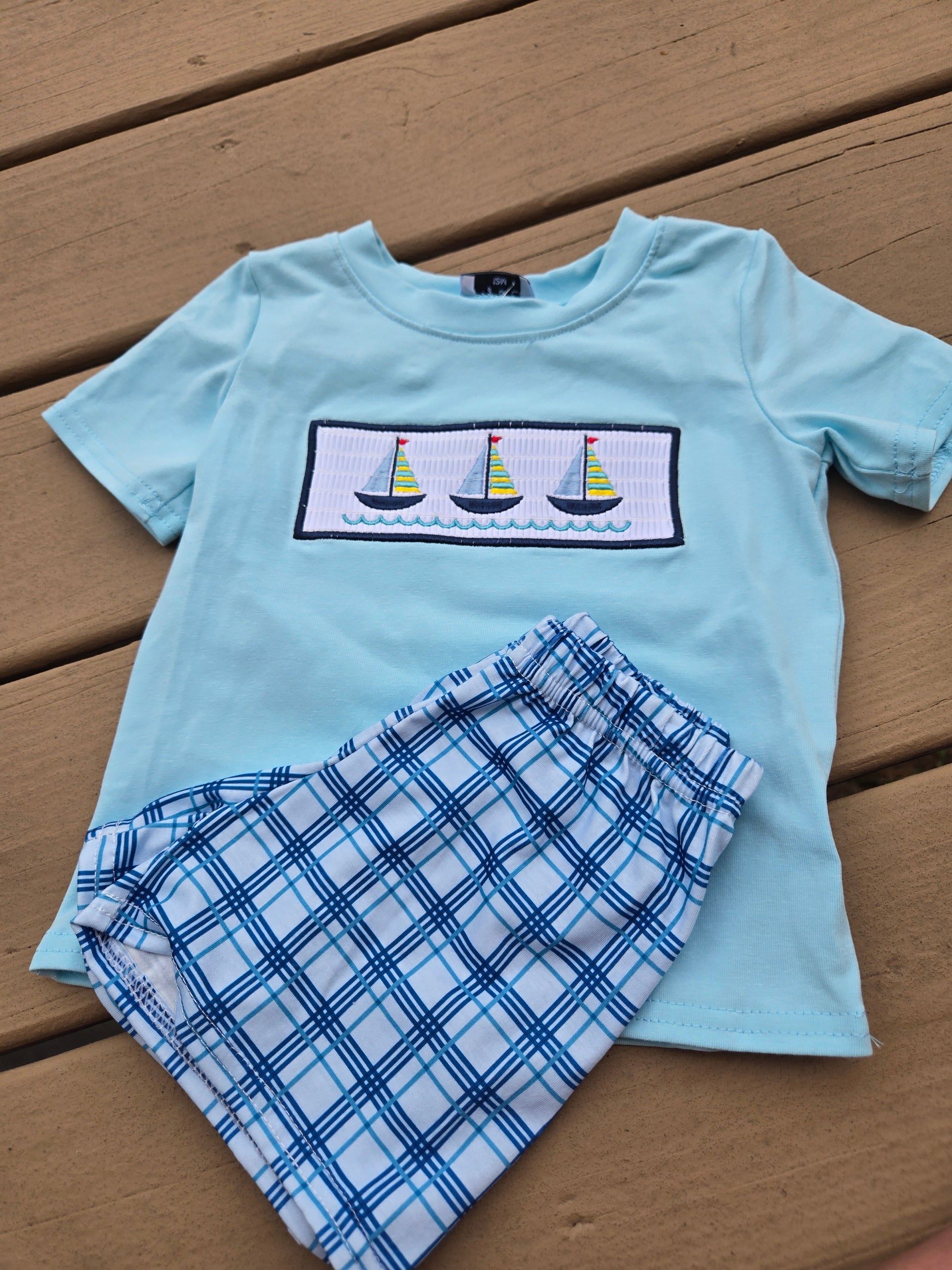 Blue Sailboat Smocked 2 Pc Boy Set Honeydew