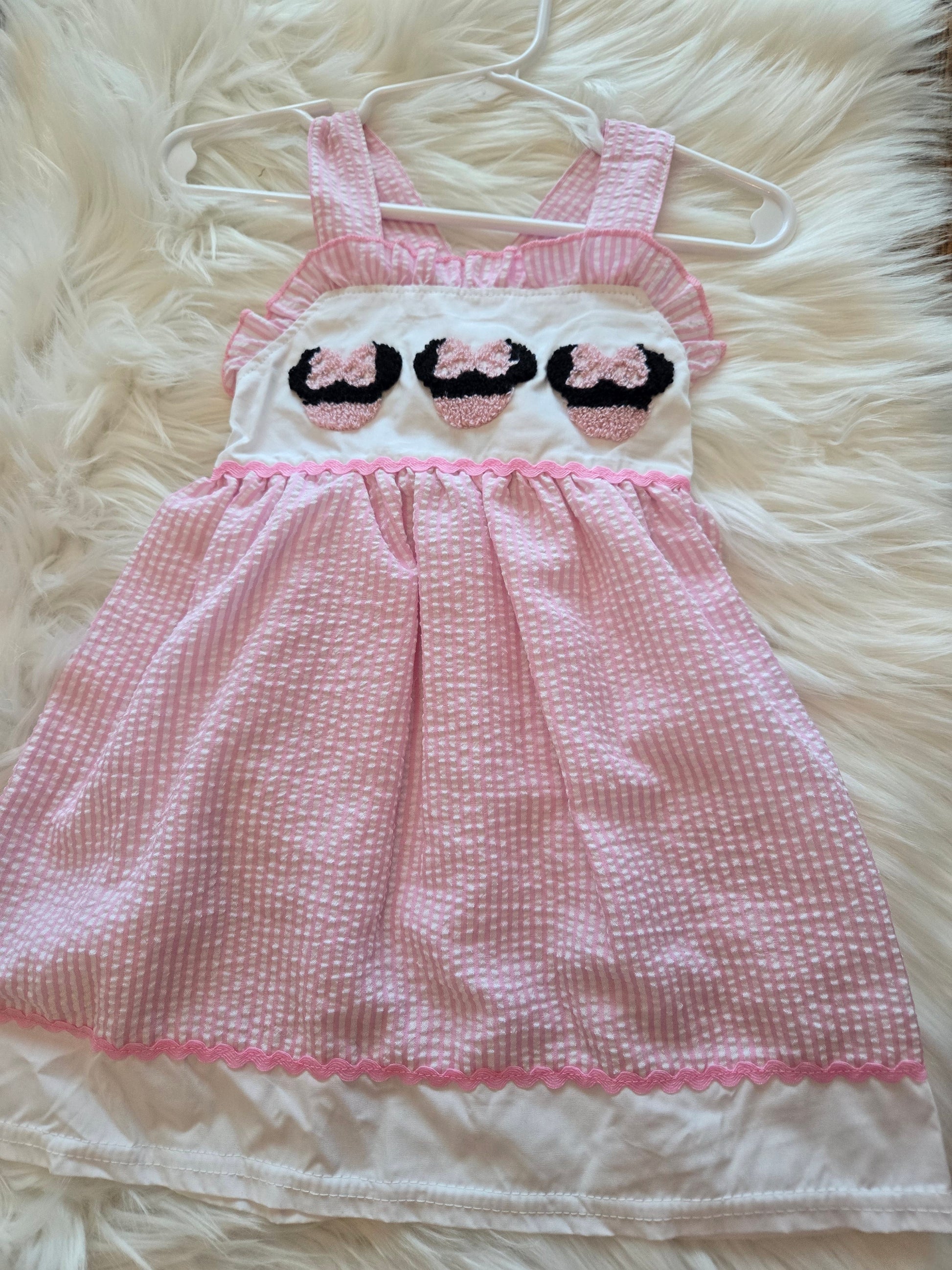 Pink Stripe Seersucker Character French Knot Girl Dress Honeydew