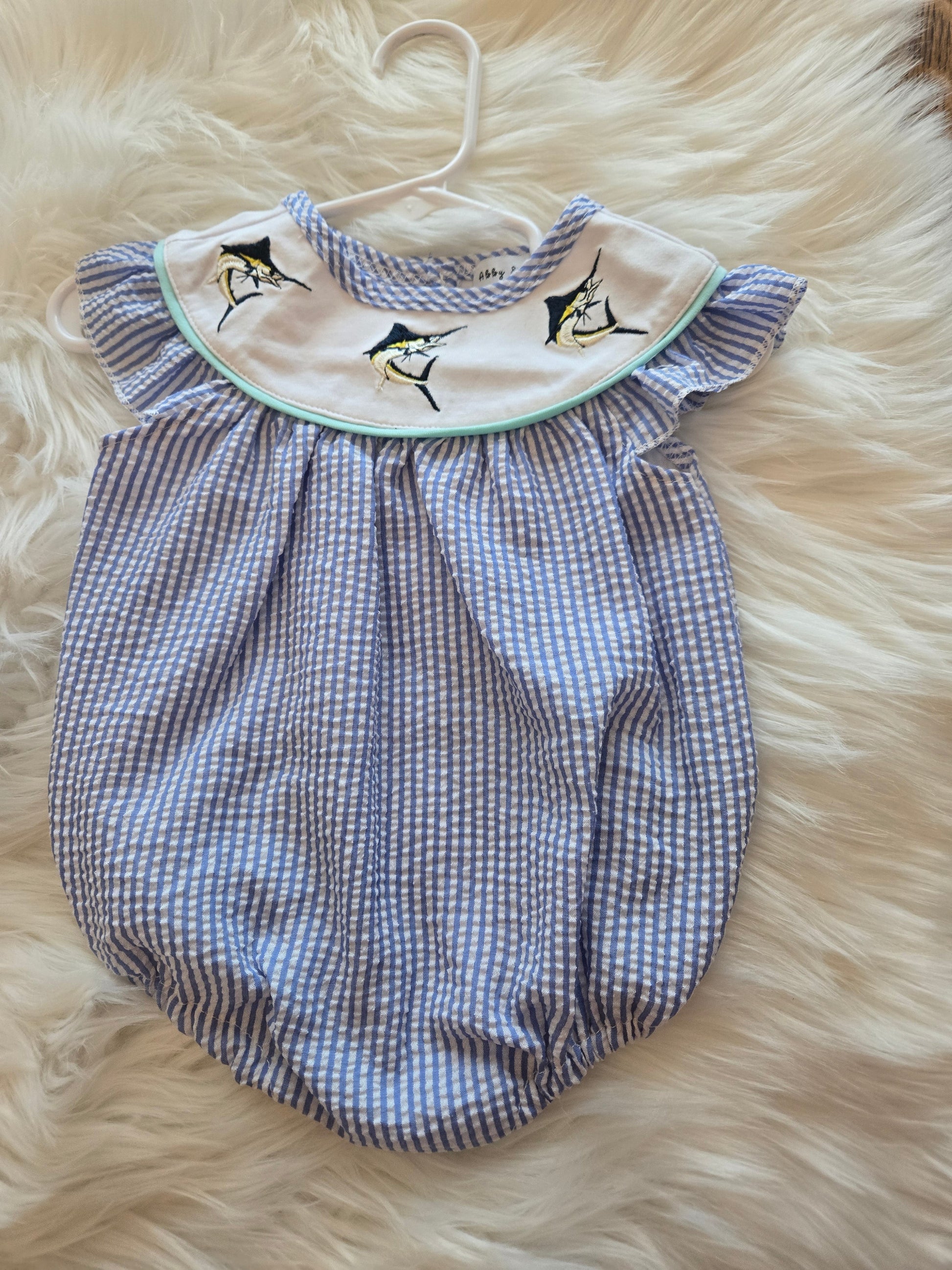 Blue Stripe Seersucker Swordfish Embroidery Bubble Honeydew