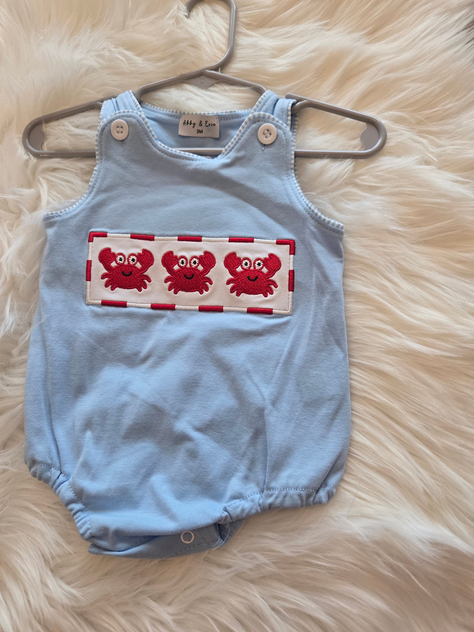 Blue Crab Embroidery Boy Romper Honeydew