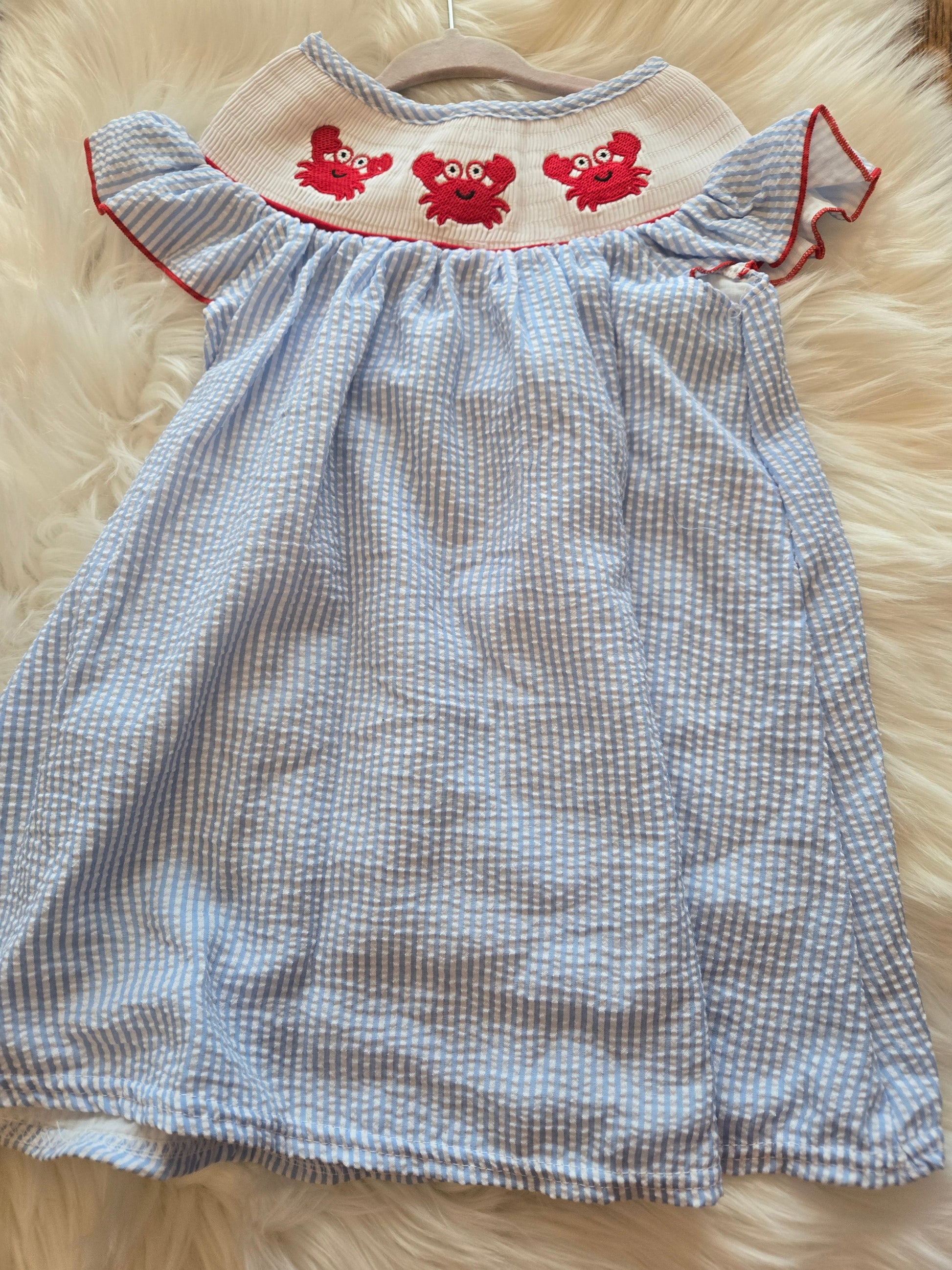 Blue Seersucker Crab Embroidery Girl Dress Honeydew