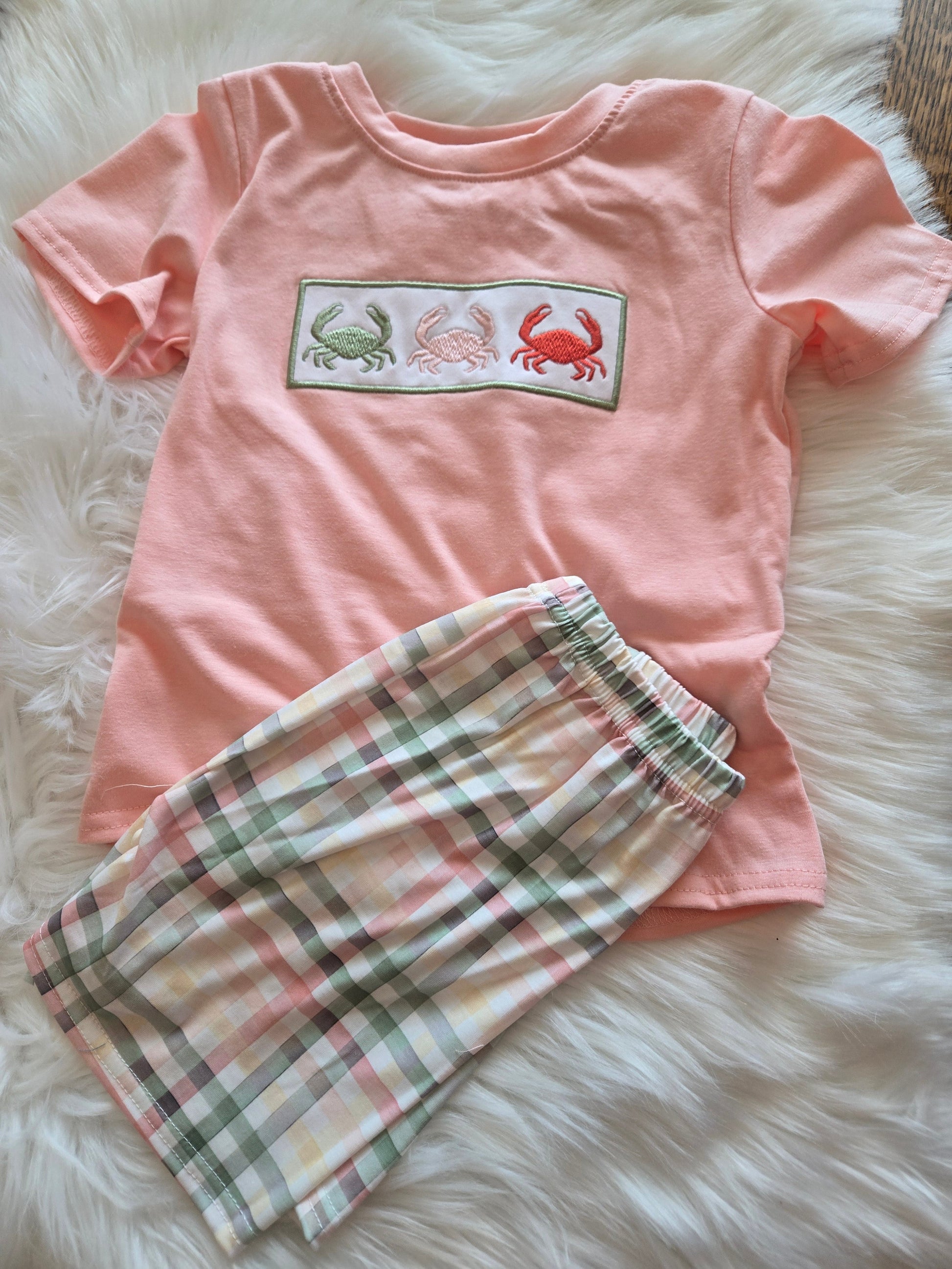 Plaid coral crab boy short set Honeydew